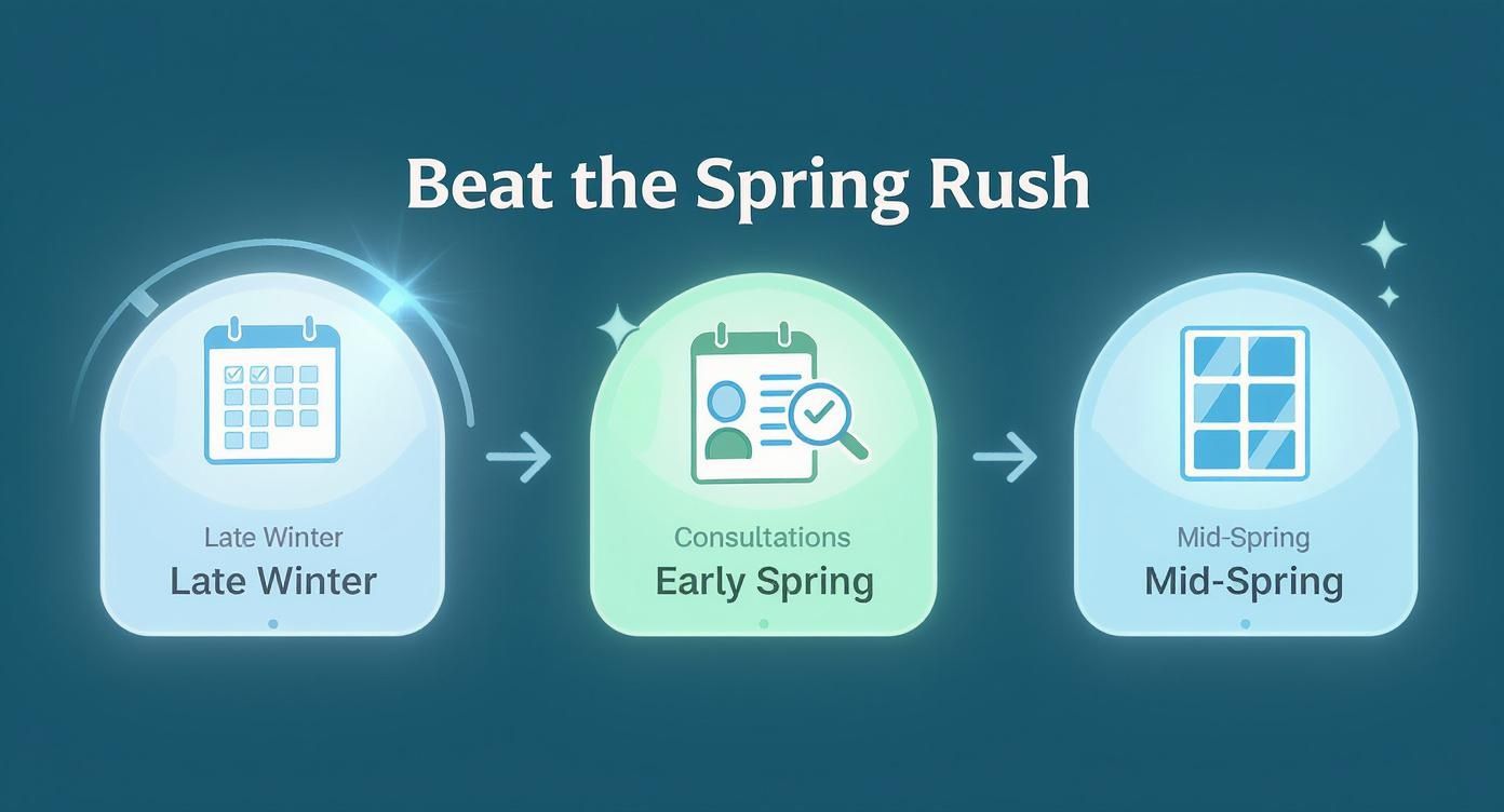 Timeline showing window installation process from late winter planning through early spring consultations to mid-spring completion