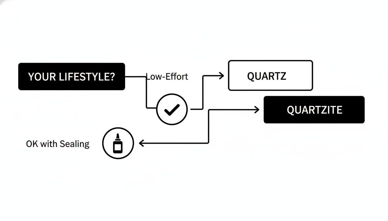 Flowchart comparing Quartz and Quartzite selection based on lifestyle effort and sealing preference.