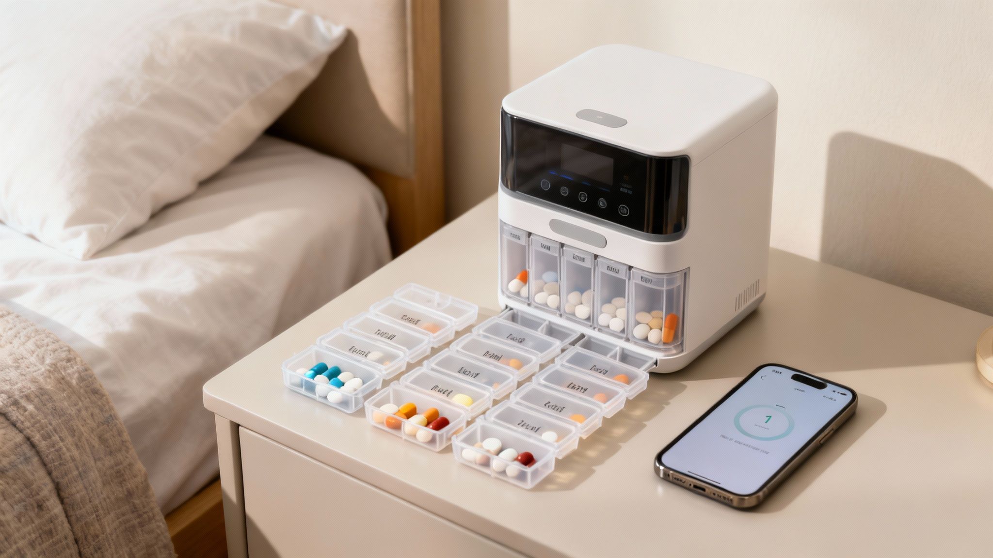A smart pill dispenser, multiple weekly pill organizers, and a smartphone on a nightstand next to a bed.