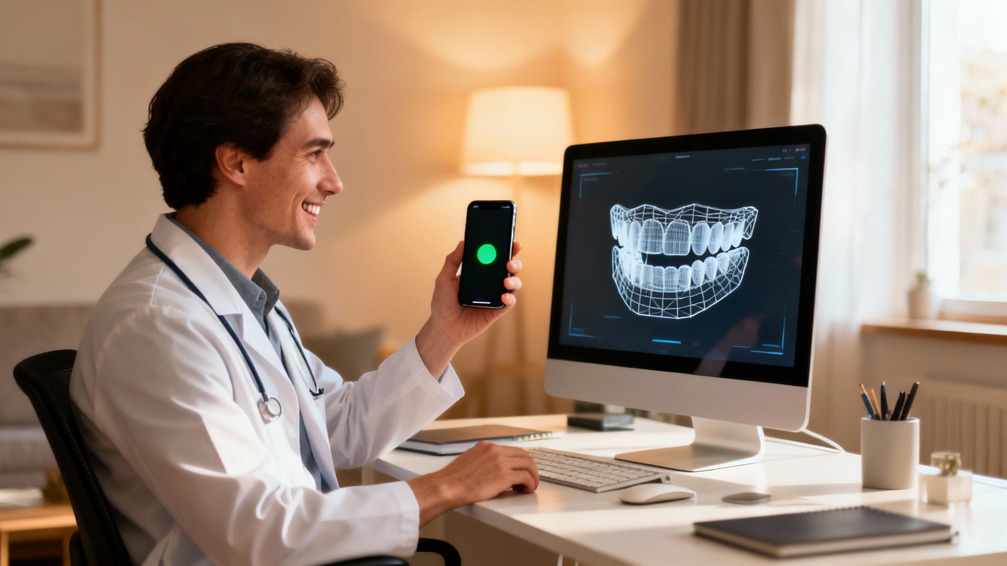 A smiling male dentist in a white coat looking at a computer screen displaying 3D teeth.