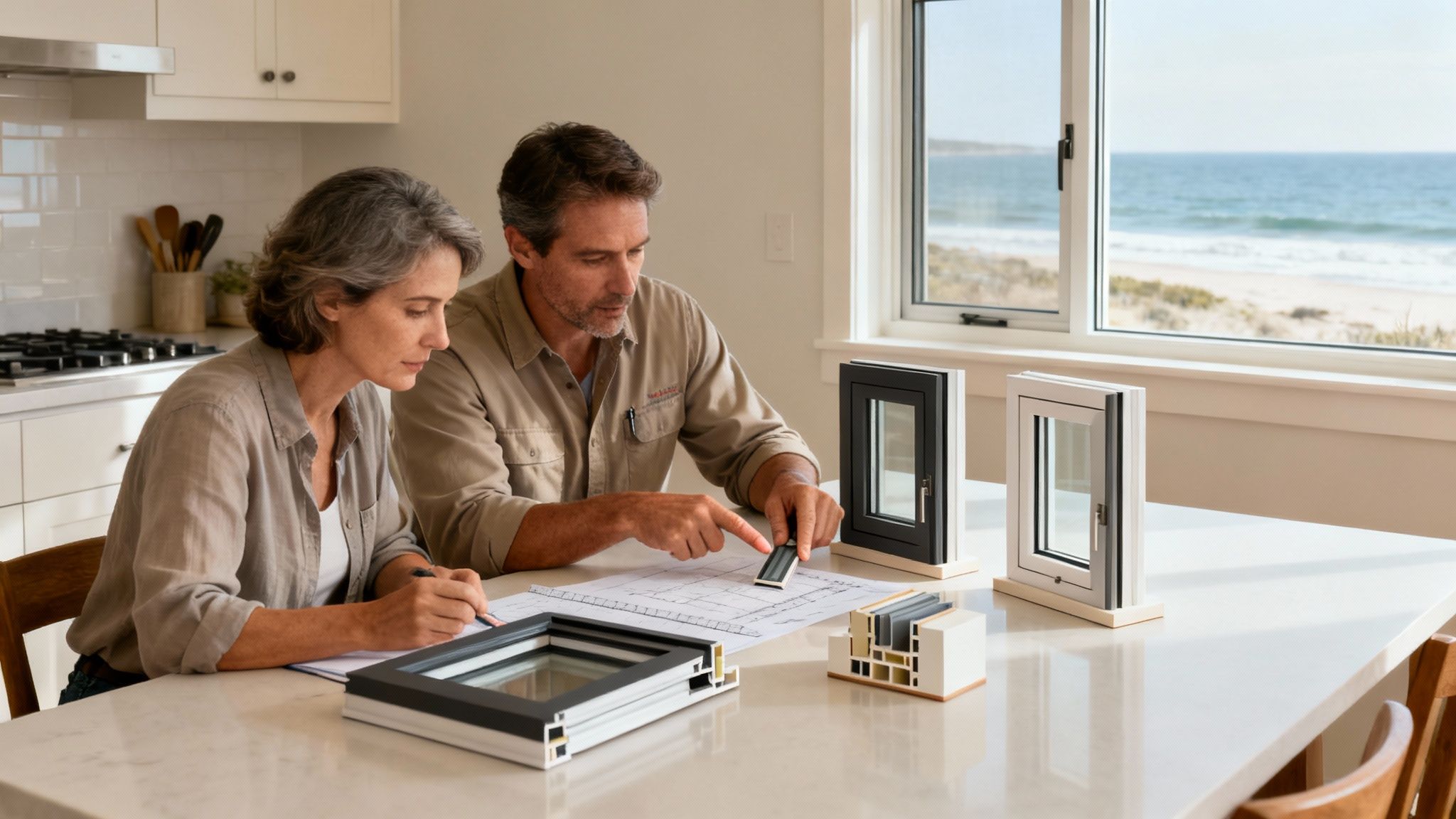 A couple discusses window options and blueprints with a contractor in a modern kitchen overlooking the ocean.