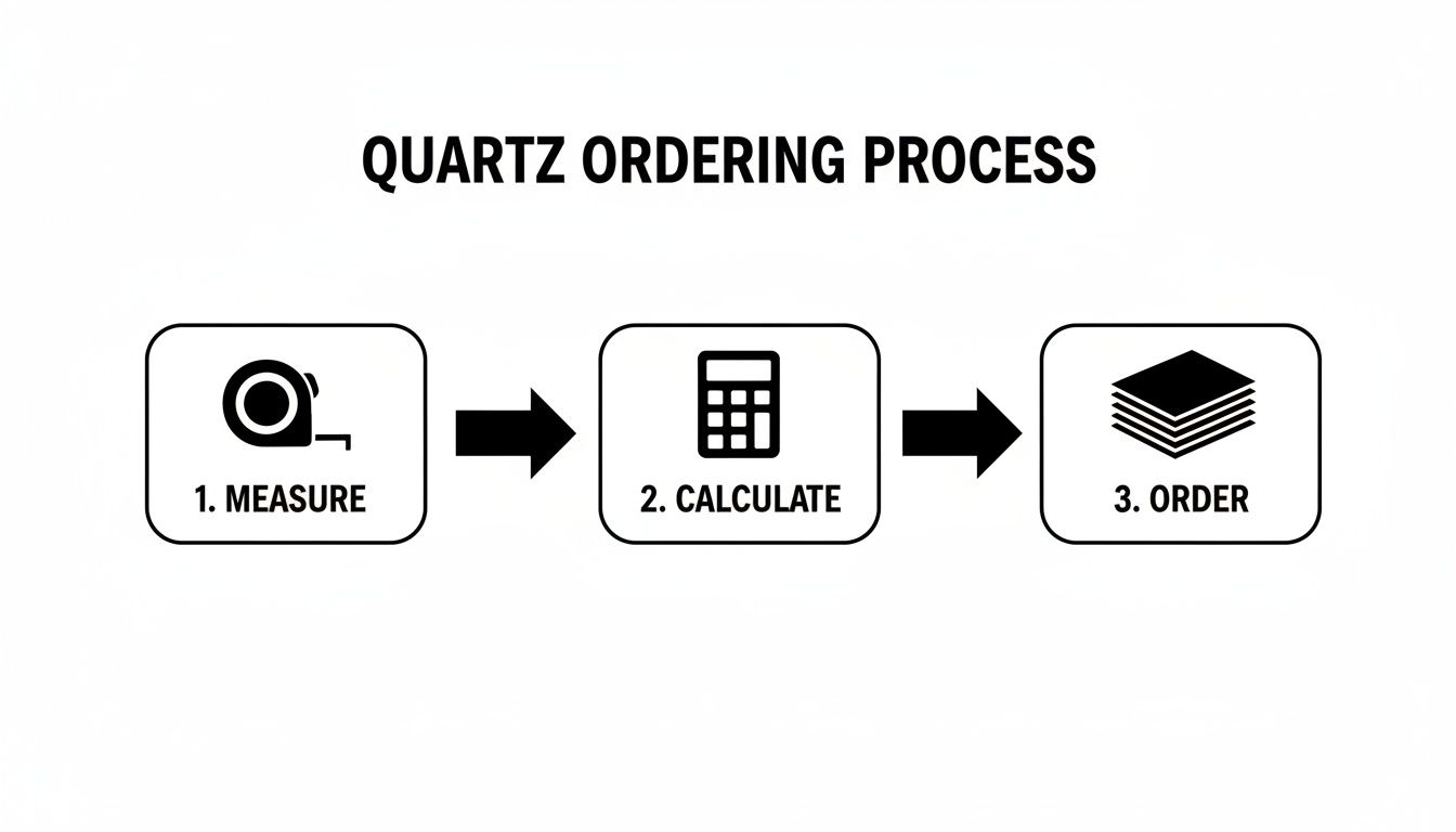 Diagram illustrating the quartz ordering process with three steps: measure, calculate, and order, each with an icon.
