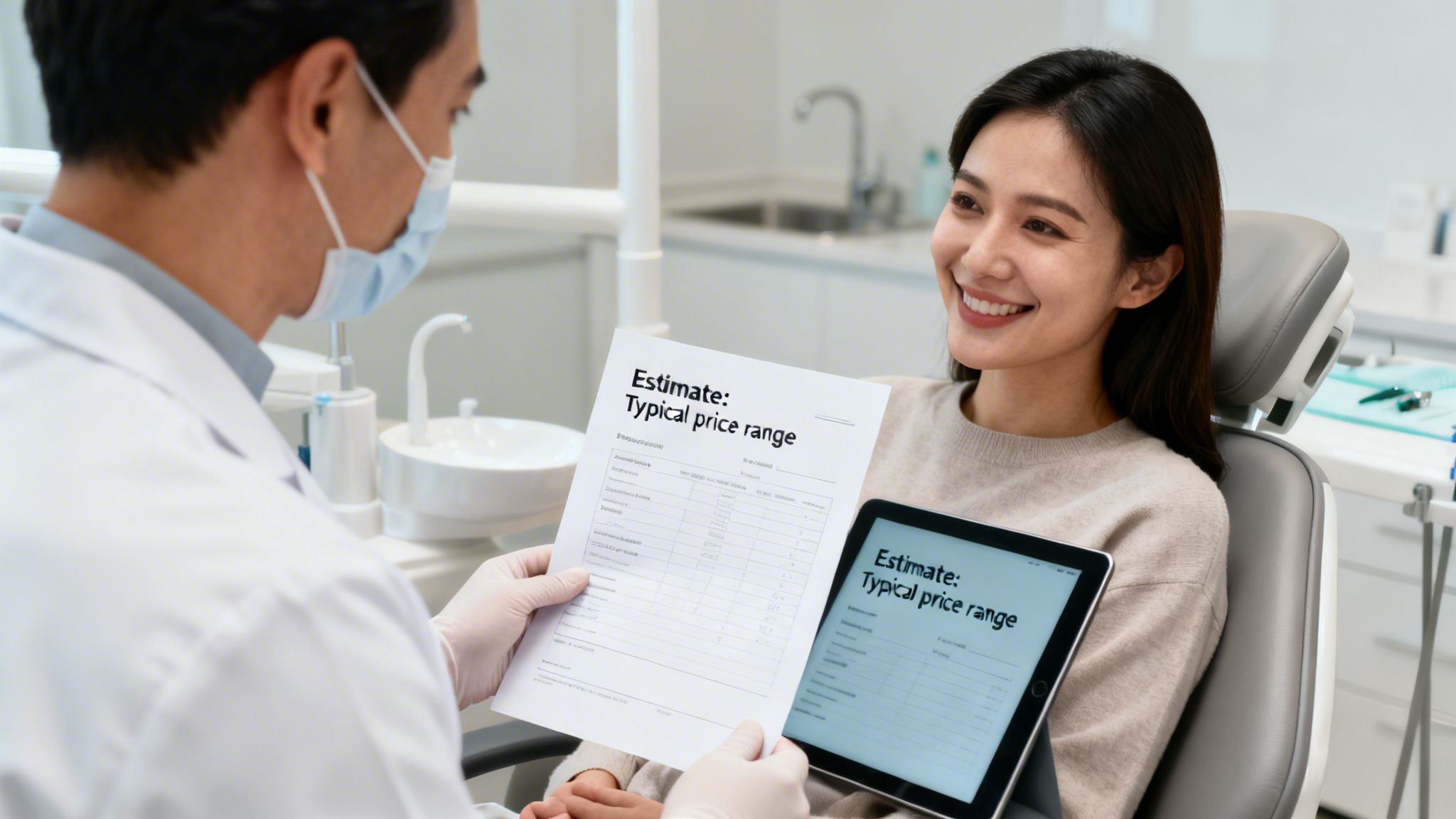 A dentist shows a smiling female patient a dental price estimate on paper and a tablet.