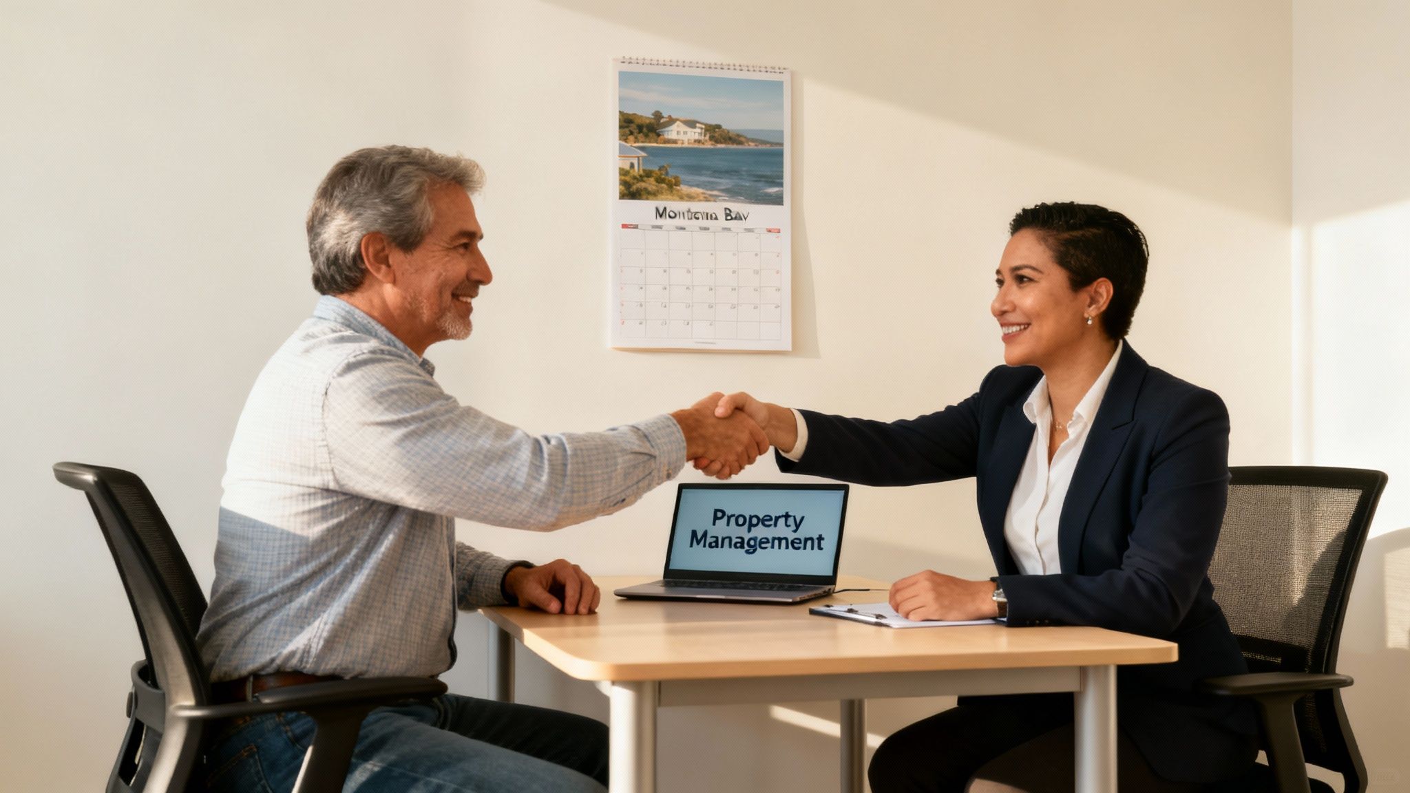 Property manager shaking hands with new landlord during consultation meeting at office desk