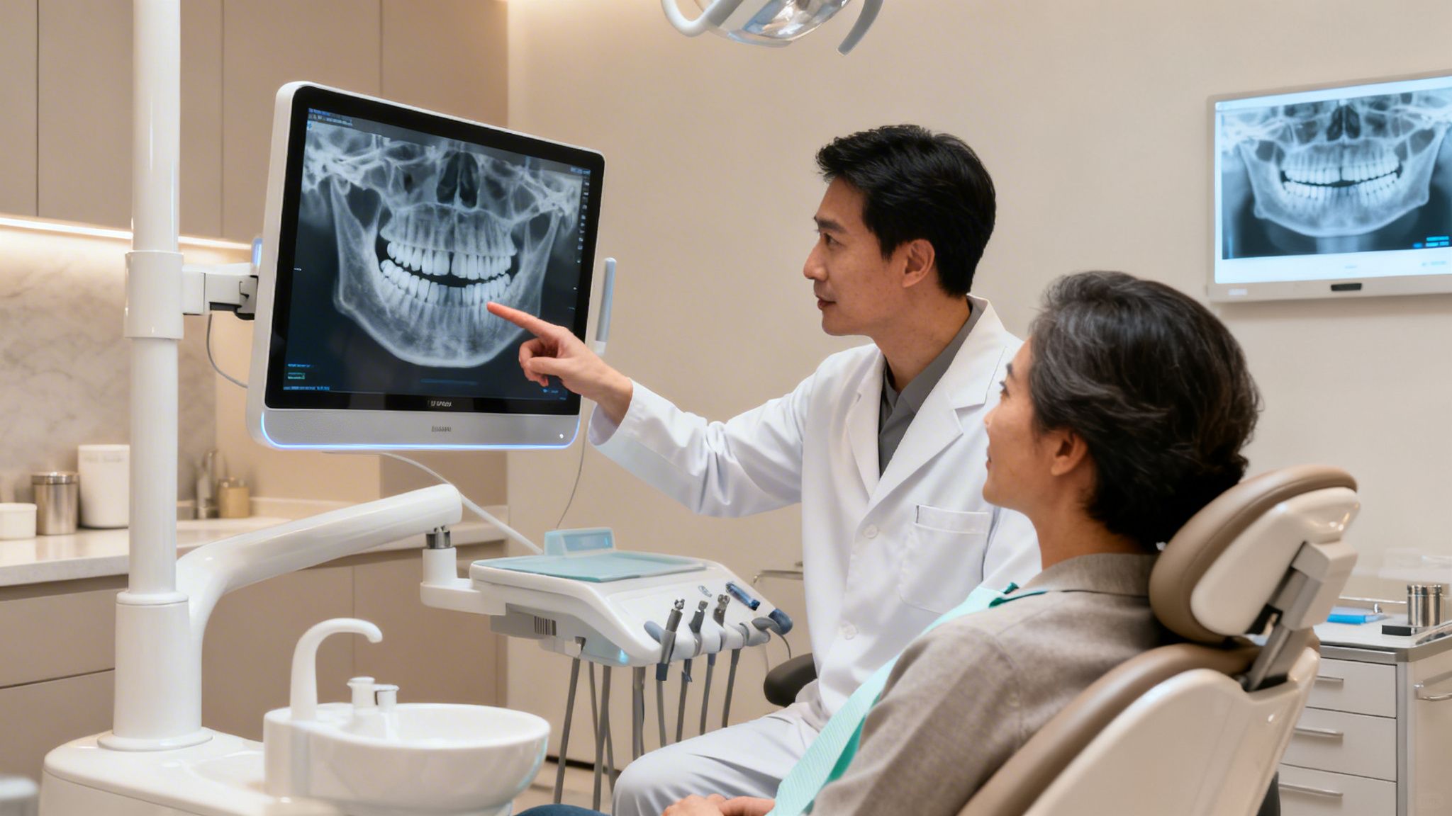 Male dentist pointing at a dental X-ray on a screen to a female patient in a clinic.