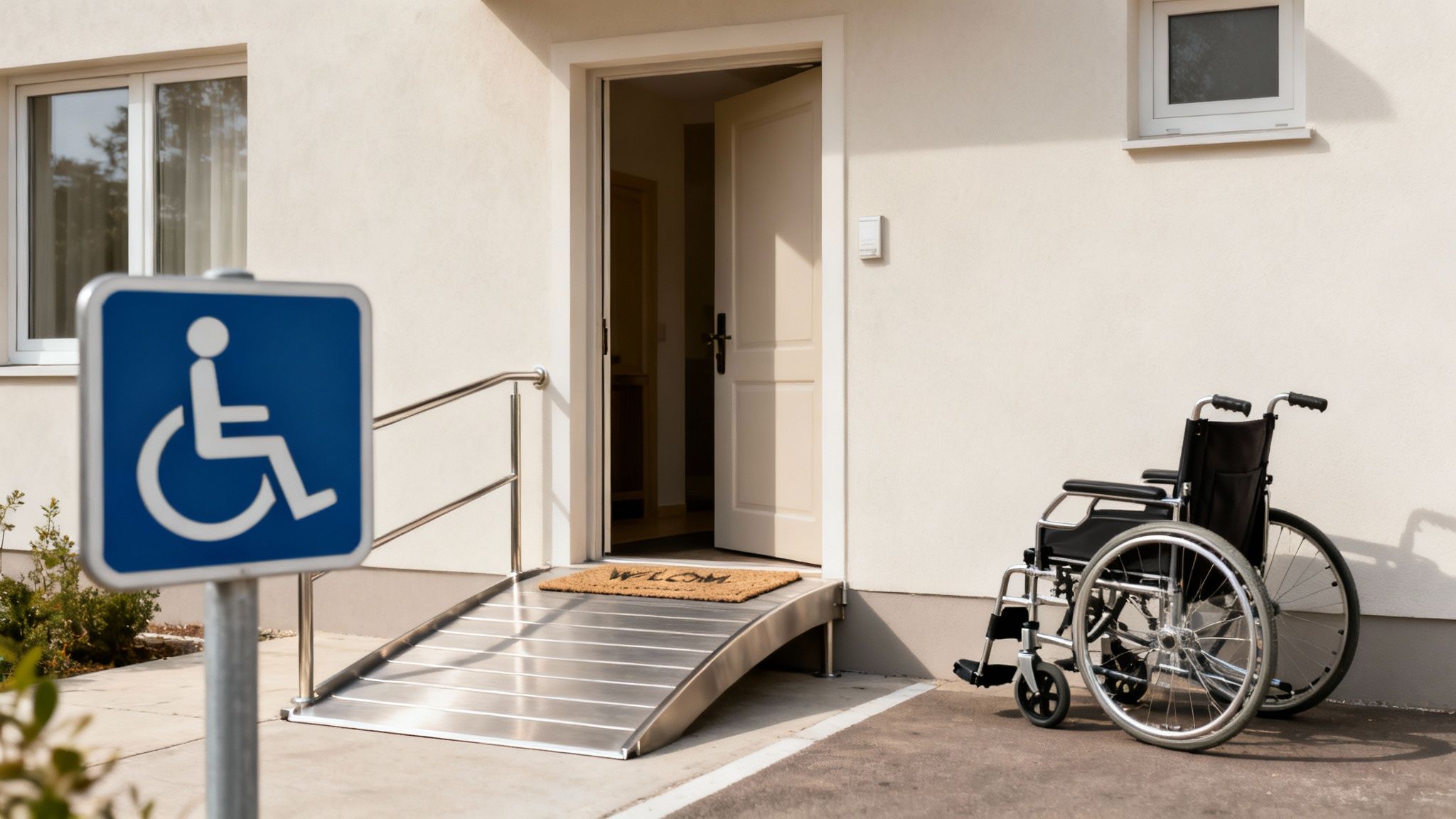 A building entrance with a wheelchair ramp, a disability sign, and a wheelchair parked nearby.