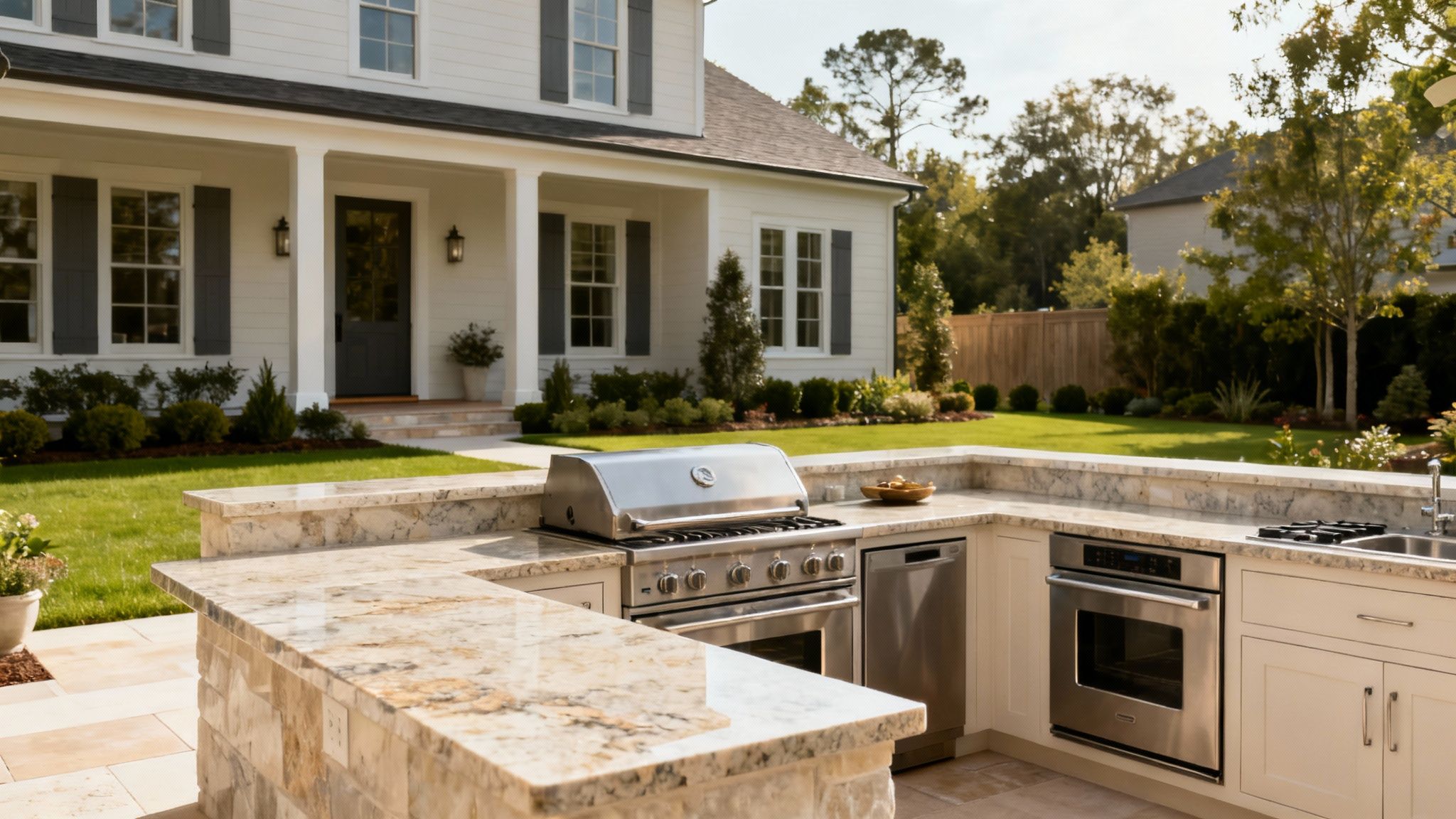 A luxurious outdoor kitchen with granite countertops and stainless steel appliances, set against a beautiful white house.