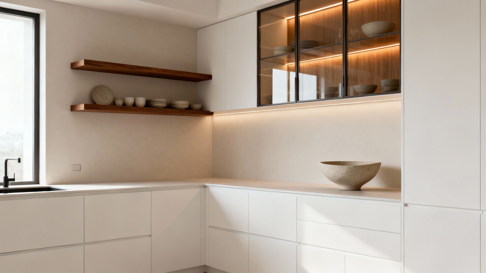 A minimalist, modern kitchen with light cabinets, wooden floating shelves, and an illuminated glass display.