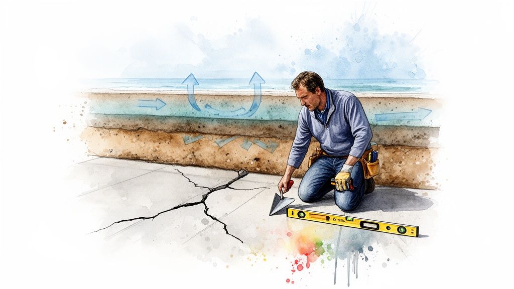 A man kneels to repair cracked concrete, with an illustration of groundwater movement beneath.