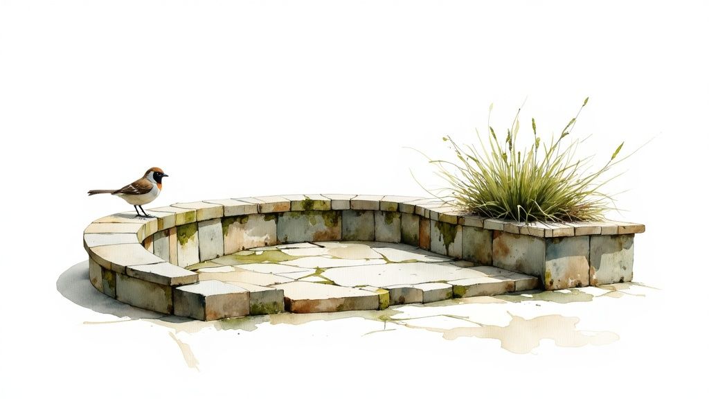 Watercolor illustration: a small bird on a curved stone patio with lush green grass on white.