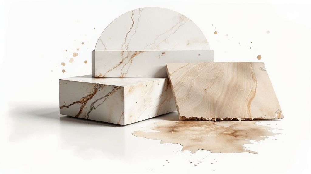 A luxurious modern kitchen with a large marble island, white cabinets, and natural light from large windows.