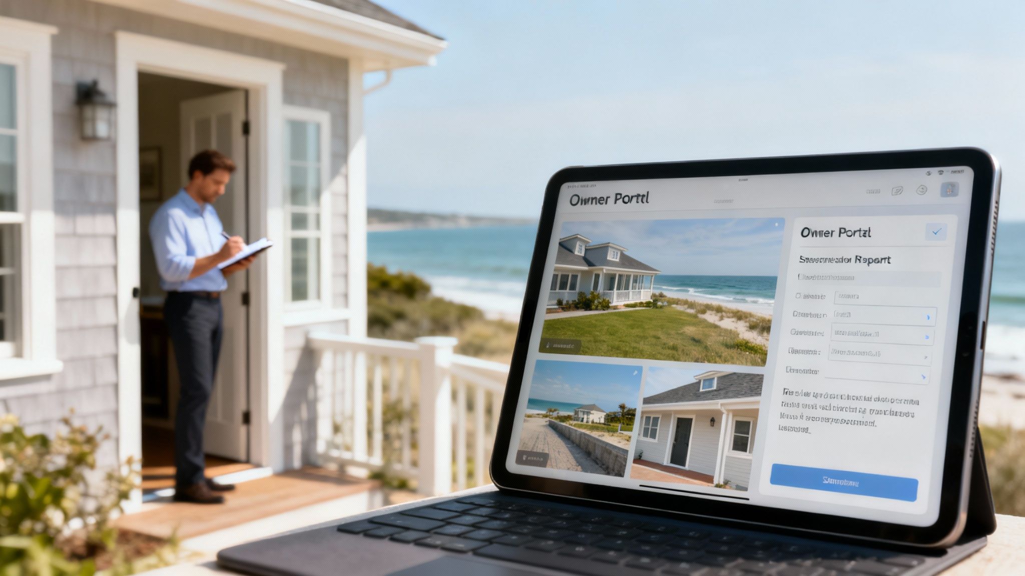 A person using a tablet to view property management reports, with icons for maintenance and financials.