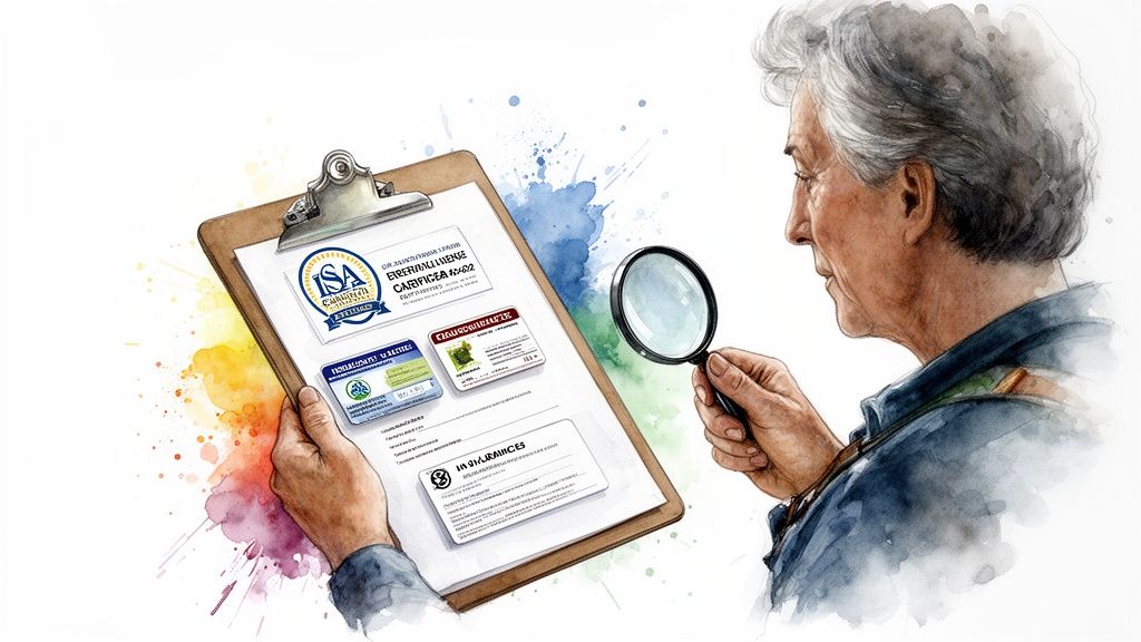 Watercolor illustration of a senior examining professional arborist certifications on a clipboard with a magnifying glass.