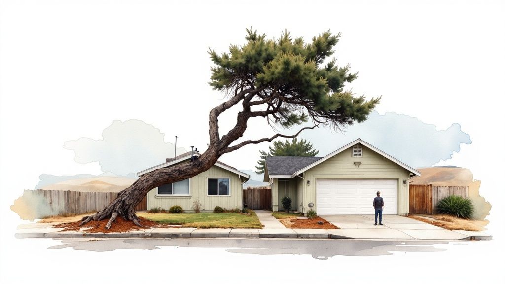 Watercolor illustration of two light green houses with a large, gnarled tree, and a person in the driveway.