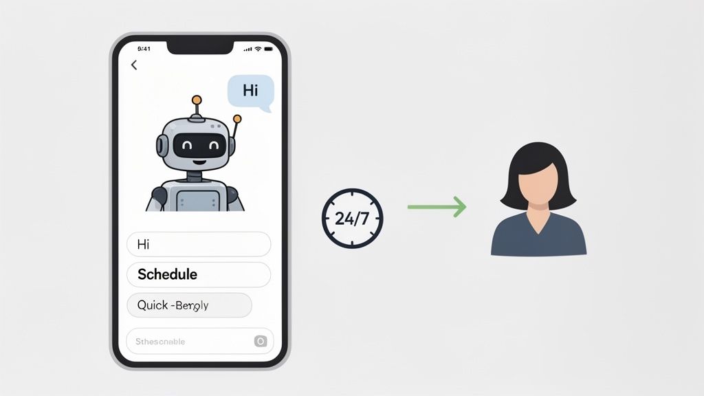 A smartphone displays a friendly AI chatbot offering 24/7 support, with an arrow leading to a human agent icon.