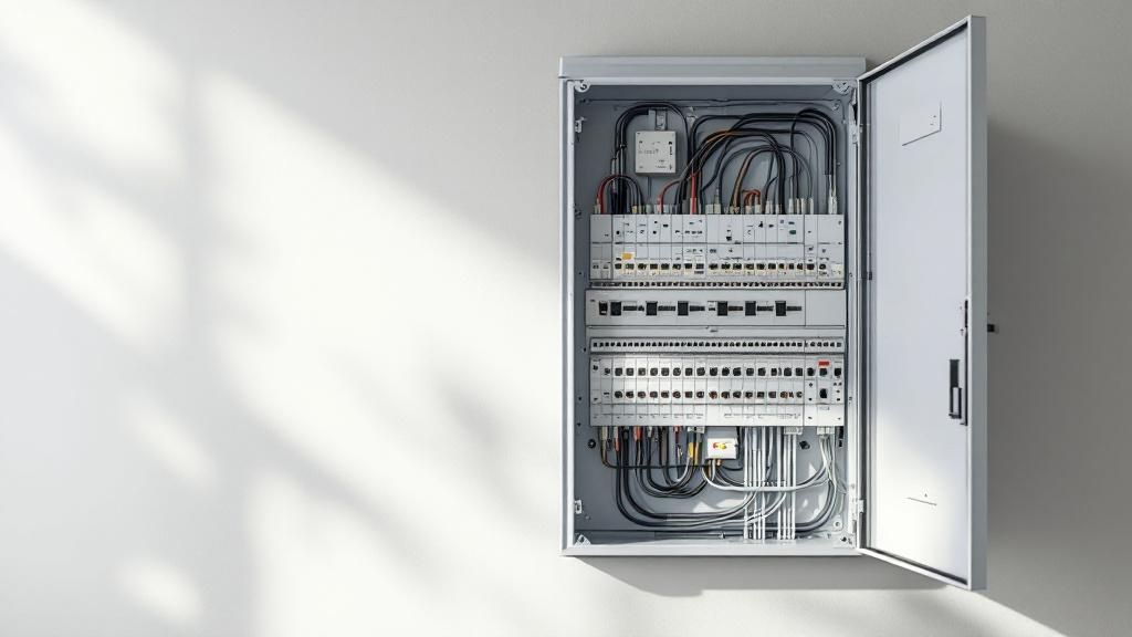 A neatly installed electrical panel with circuit breakers clearly labeled, highlighting proper installation and circuit protection.