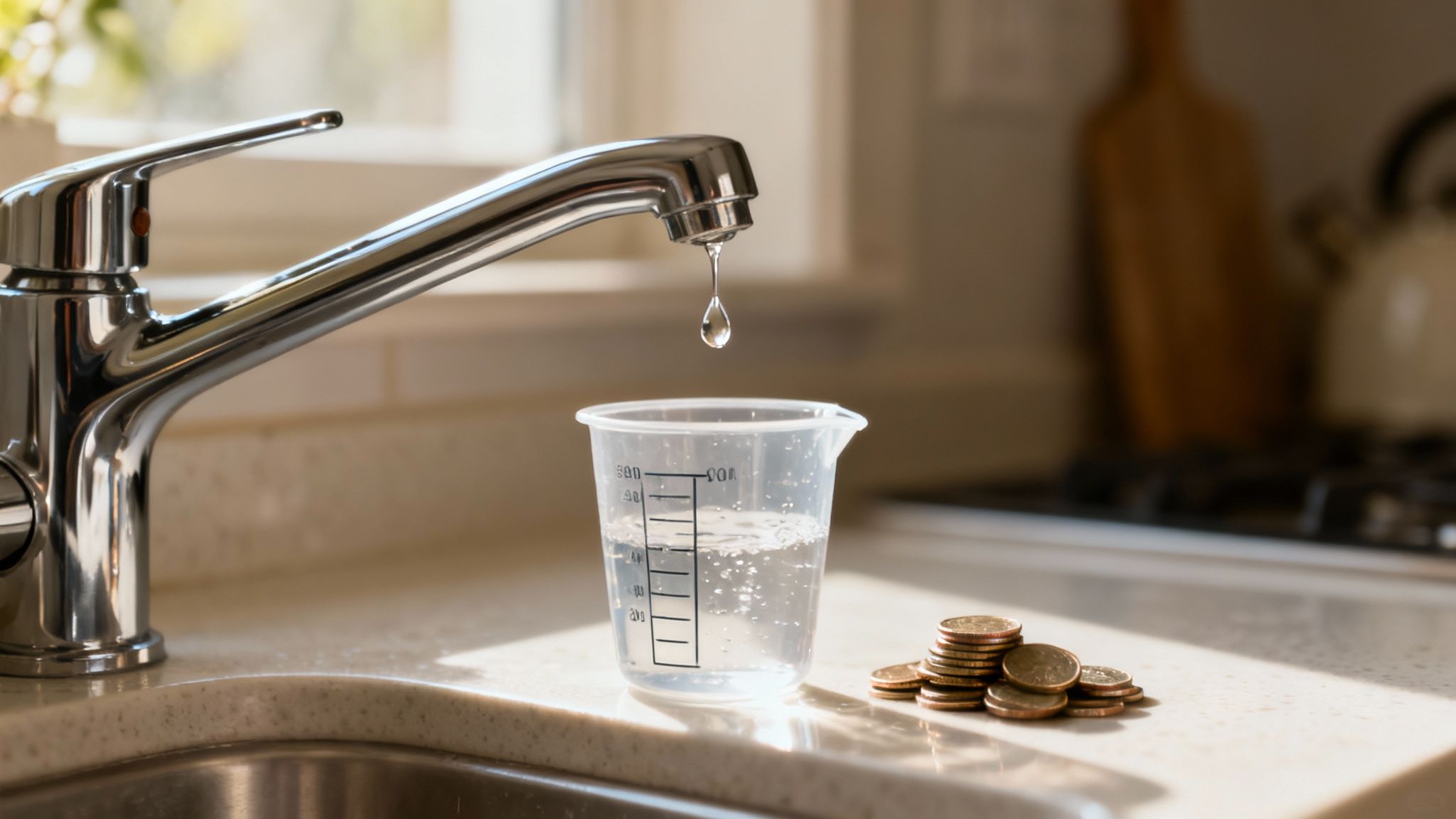 Calculator and coins next to a dripping faucet, symbolizing the financial cost of a water leak.