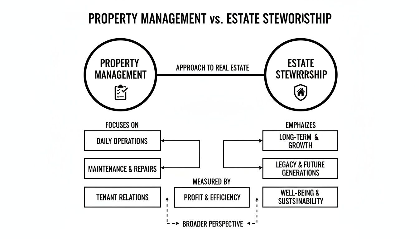 Diagram comparing Property Management (daily operations, profit) vs. Estate Stewardship (long-term growth, sustainability, broader perspective).