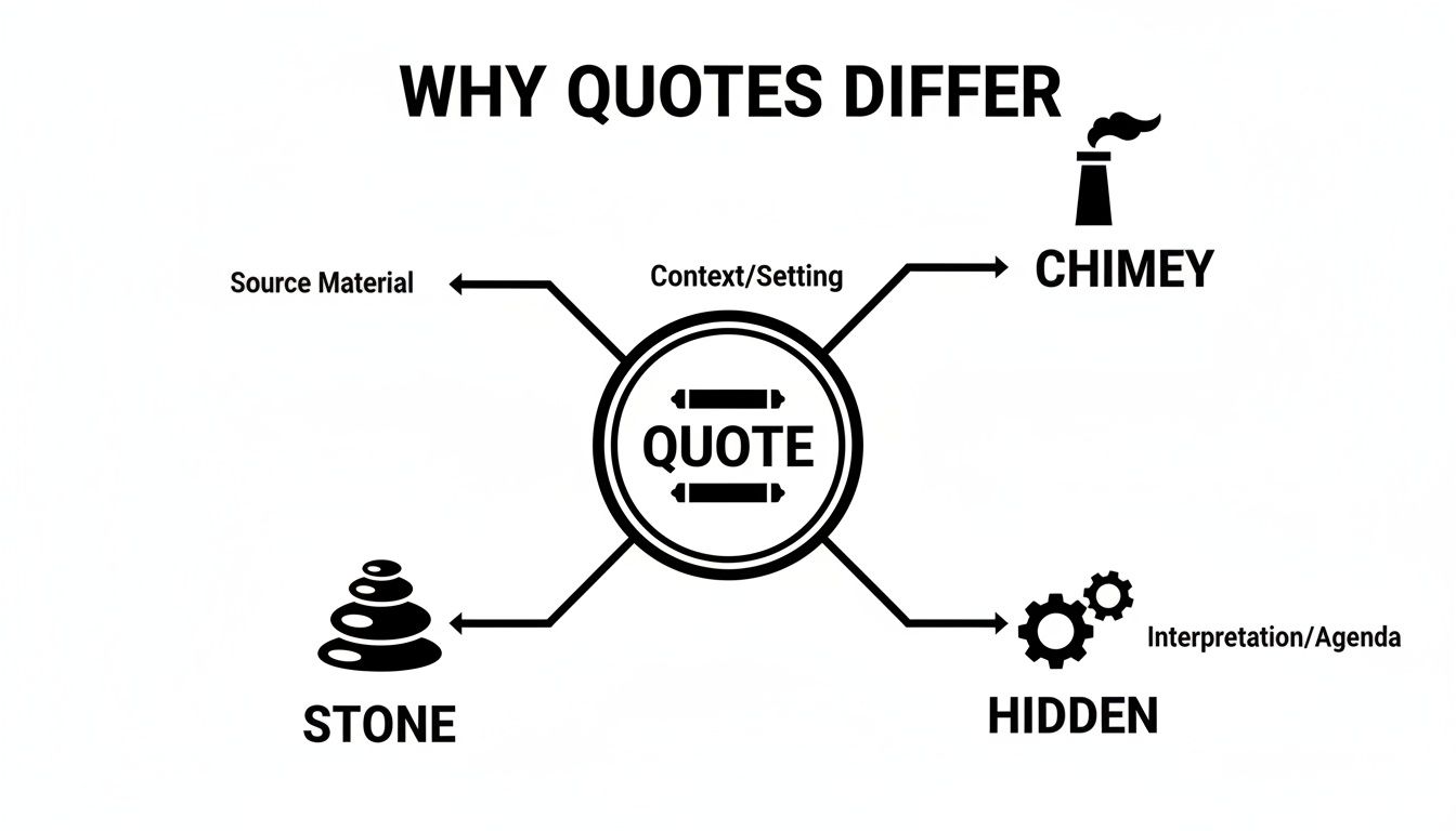 Diagram illustrating why quotes differ, influenced by source material, context, and interpretation.