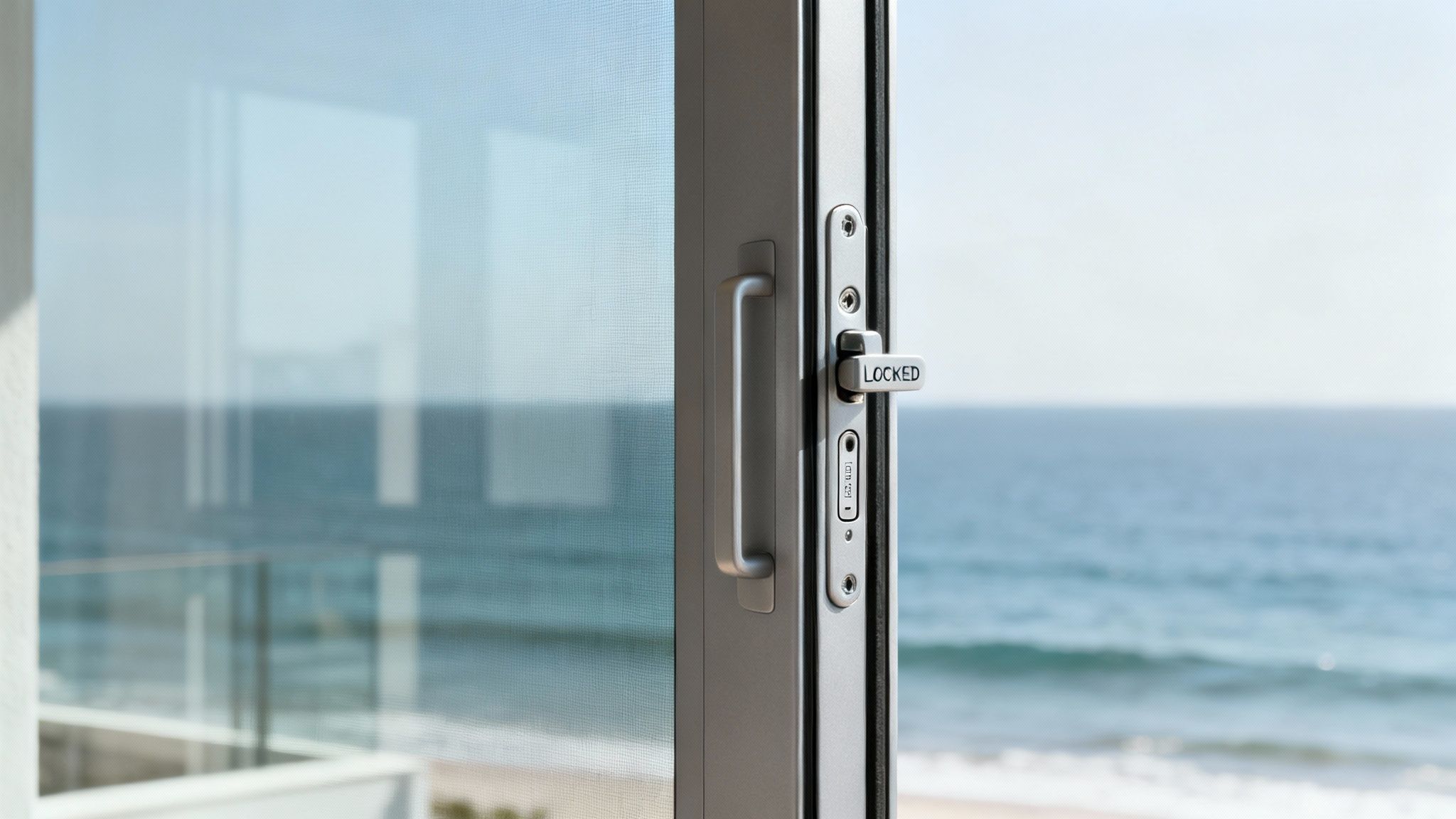 A close-up of a modern sliding glass door lock with an ocean and beach view outside.