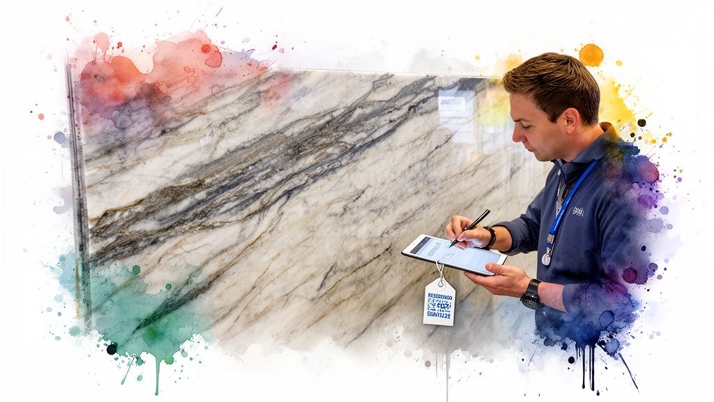 A man reviewing a natural stone marble slab with a digital tablet and pen.