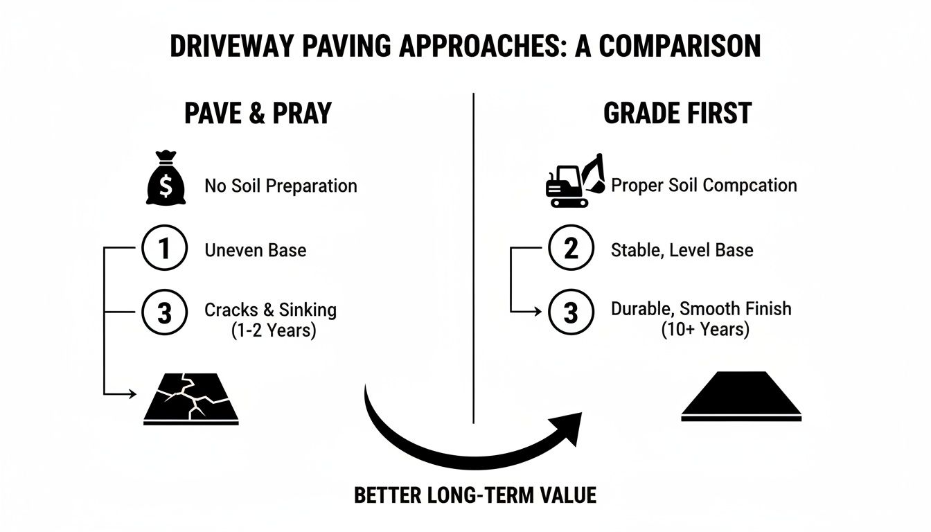 Infographic comparing driveway paving approaches: "Pave & Pray" leads to cracks, "Grade First" ensures durability.
