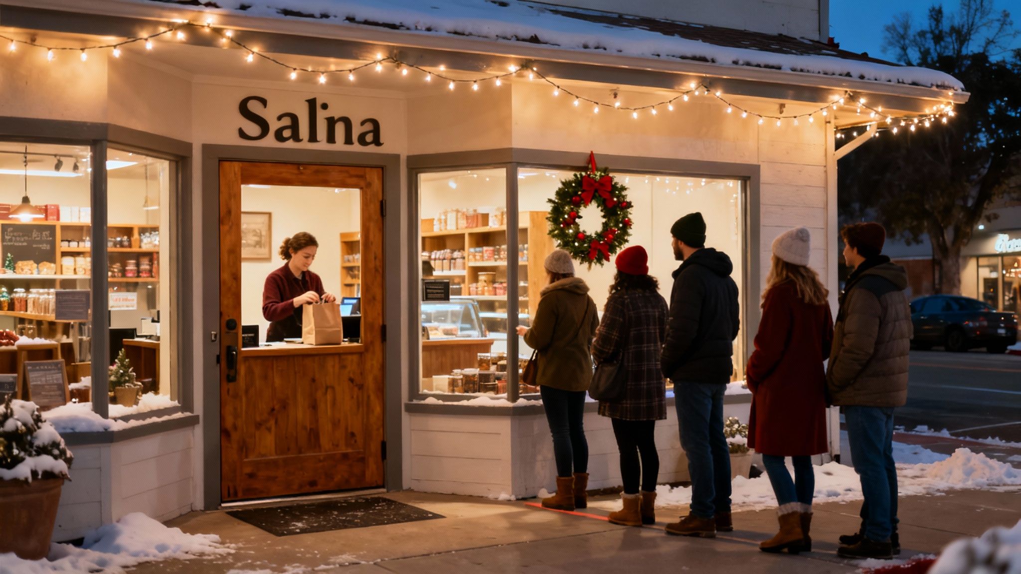 A bustling street in Salinas, California with shops and people walking around.