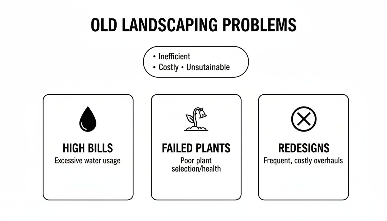 Infographic detailing old landscaping problems: high bills from excessive water, failed plants, and frequent costly redesigns.