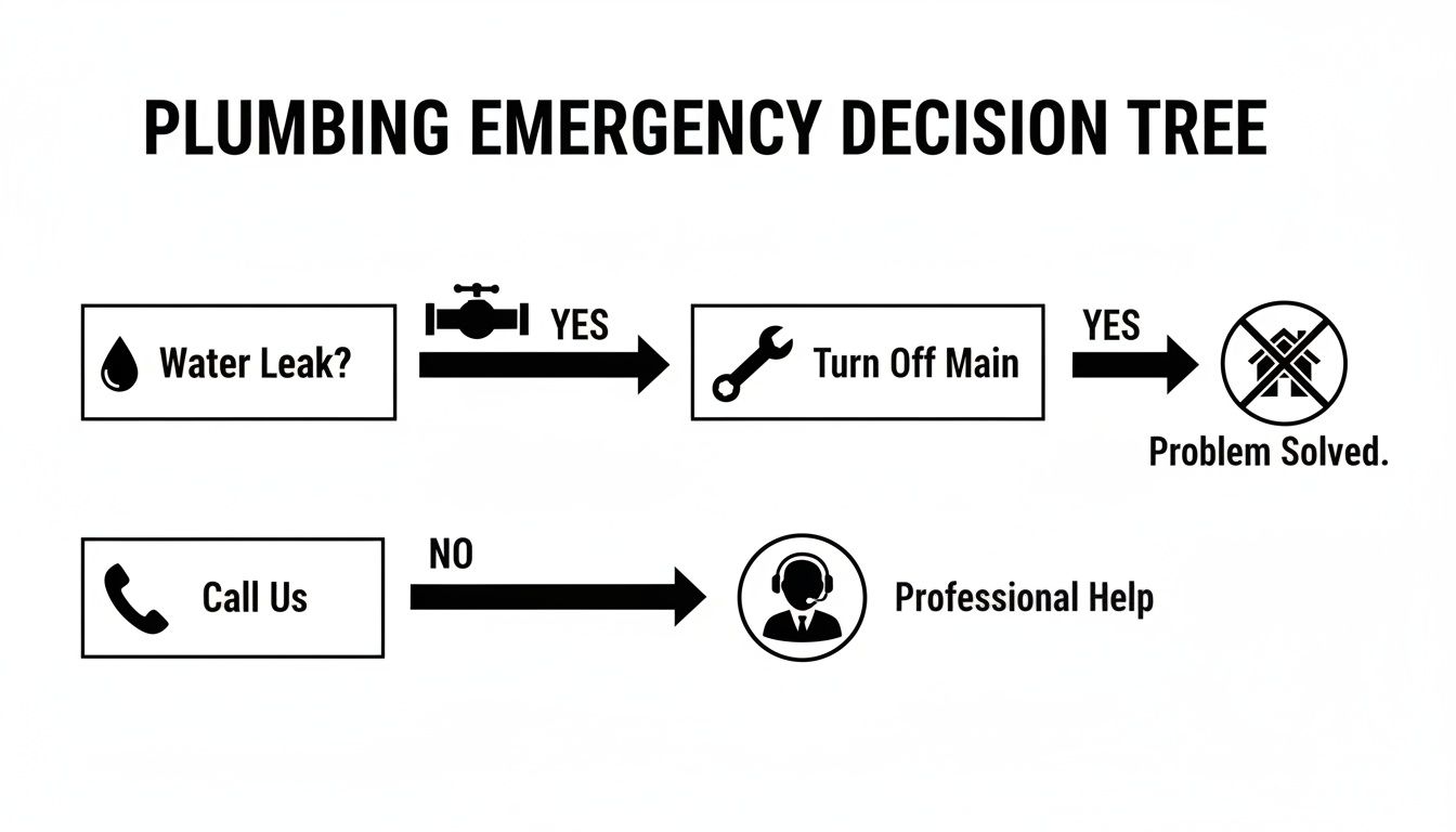 A plumbing emergency decision tree flowchart, guiding users on steps to take for water leaks.