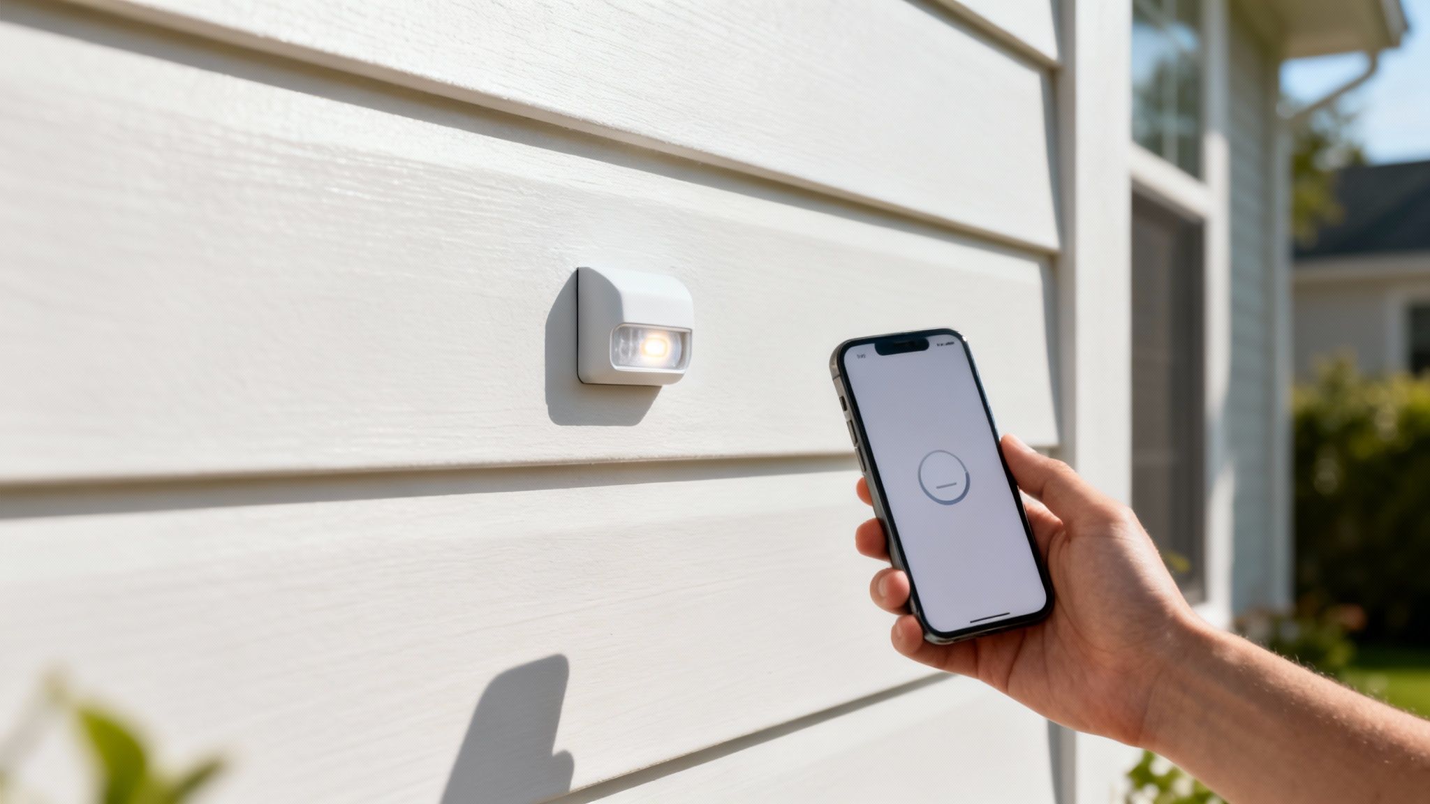A person's hand holding a smartphone, controlling an outdoor smart light on a white house siding.