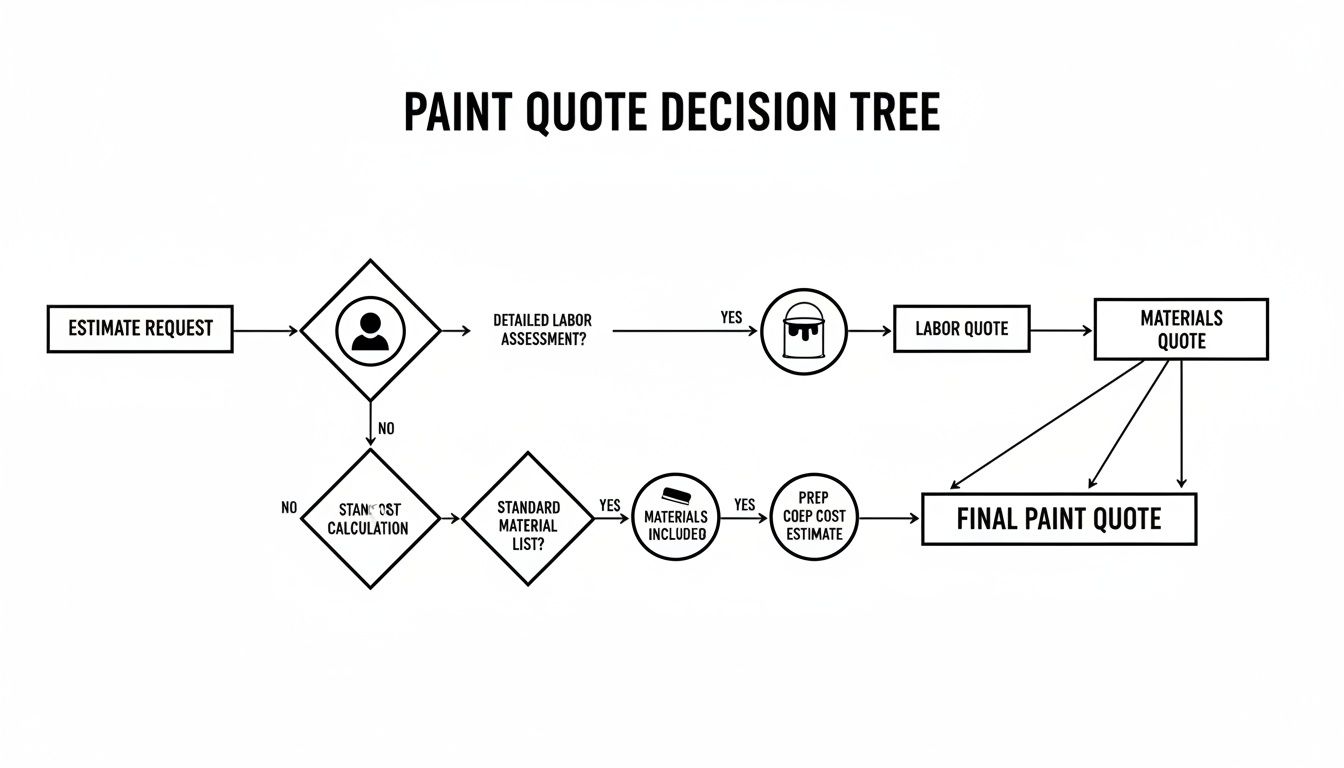 A flowchart illustrates the paint quote decision tree, from estimate request to final paint quote.