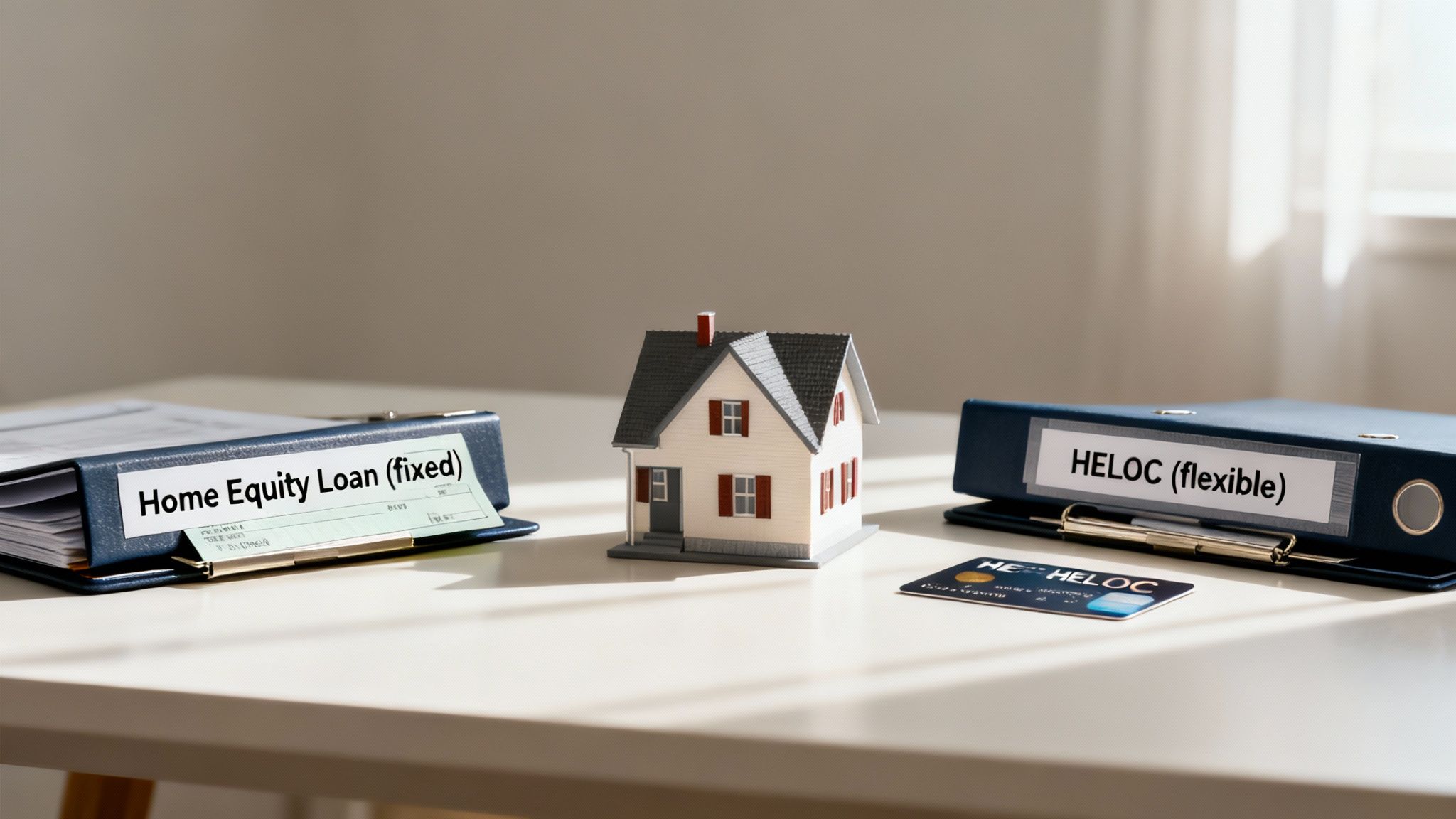 Home equity loan and HELOC binders beside miniature house model comparing financing options