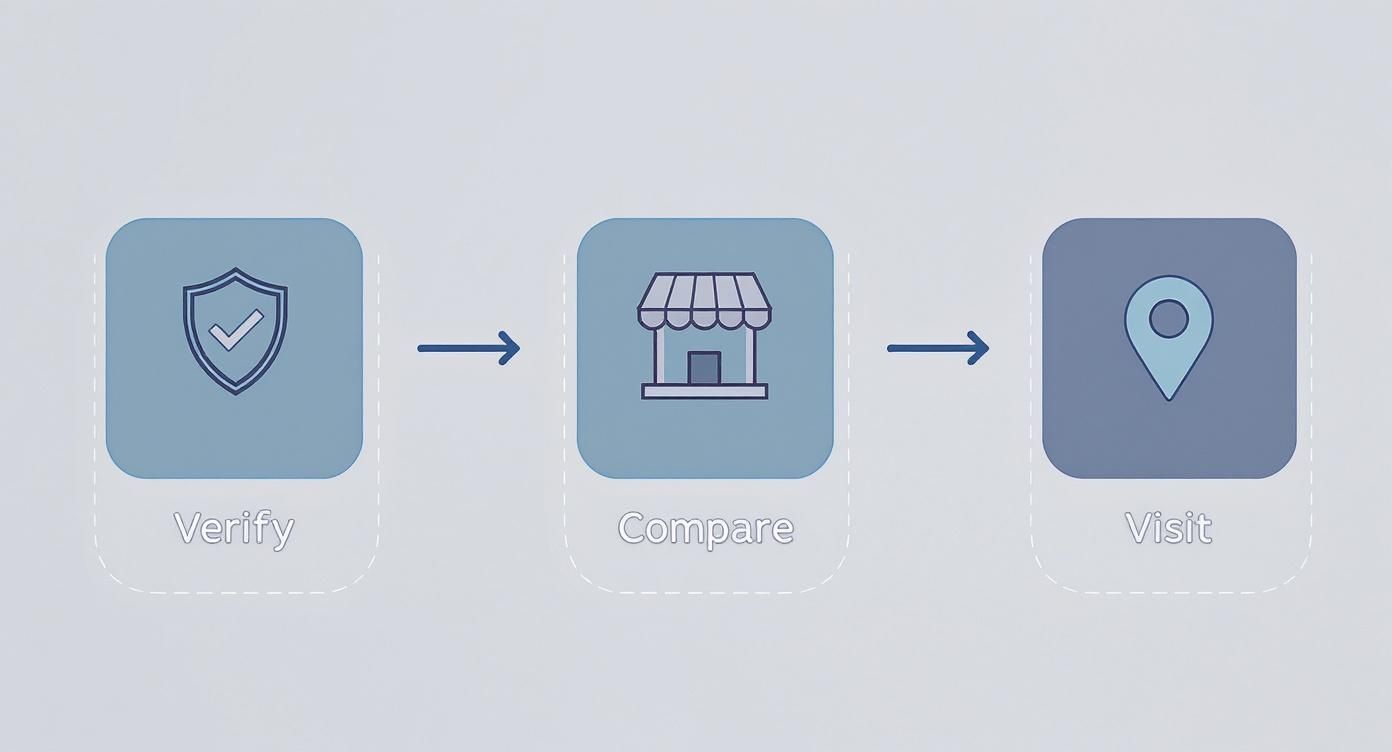 A three-step process flow: Verify (shield icon), Compare (storefront icon), and Visit (location pin icon).