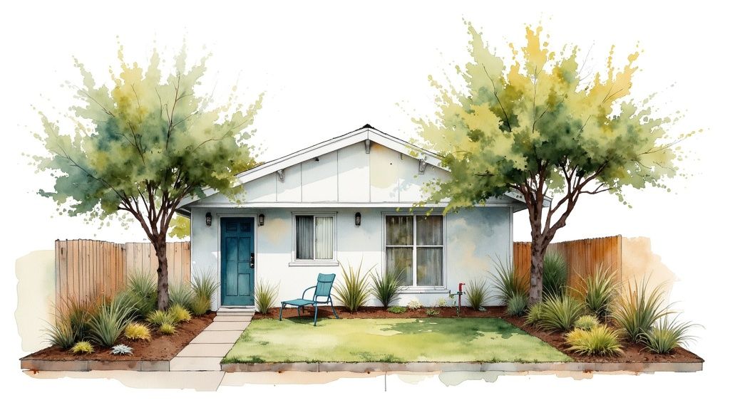 Watercolor illustration of a white house with a blue door, large trees, and drought-tolerant landscaping.