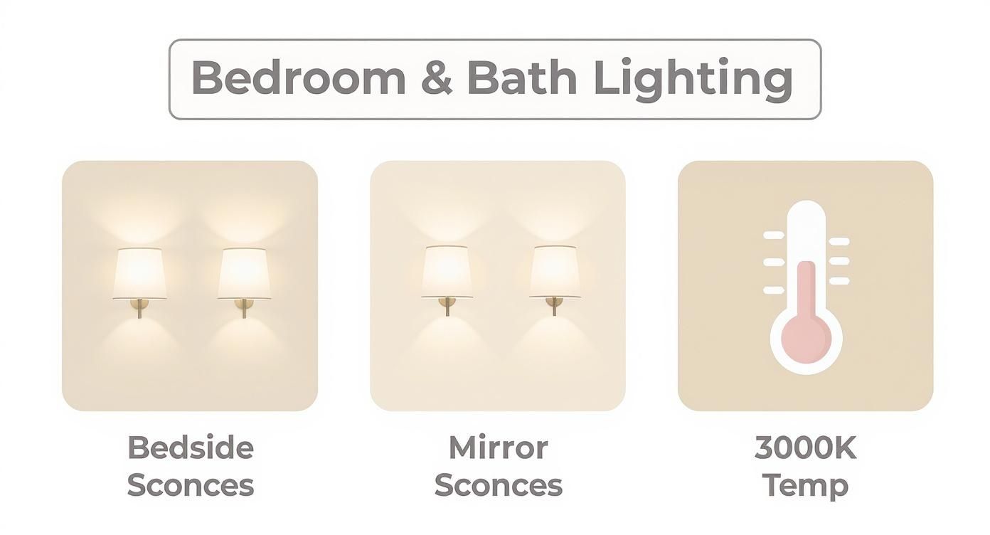 Bedroom and bathroom lighting options showing bedside sconces, mirror sconces, and warm 3000K temperature