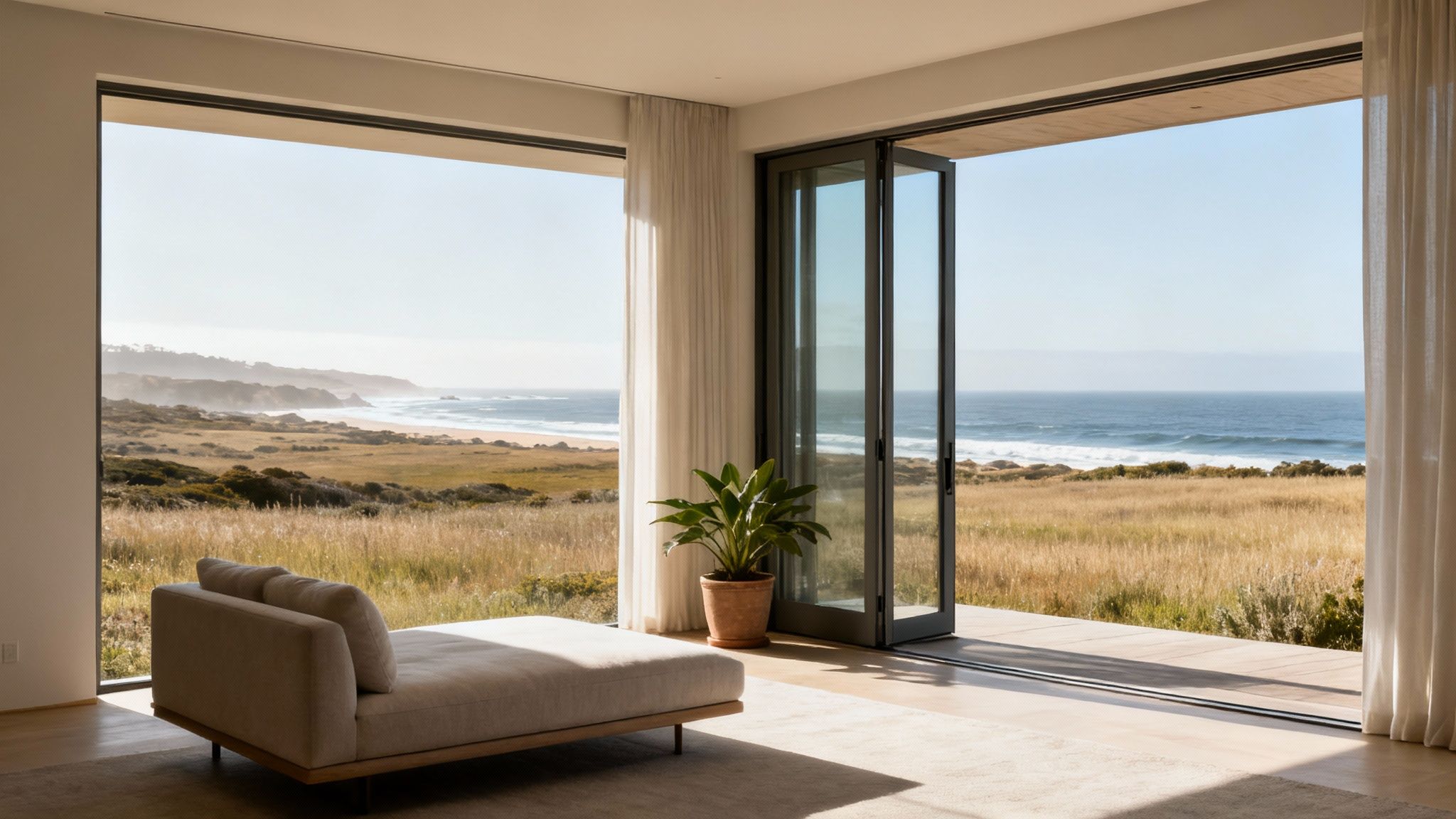 A spacious living room with large sliding glass doors opening to a modern patio, blending the indoor and outdoor spaces.