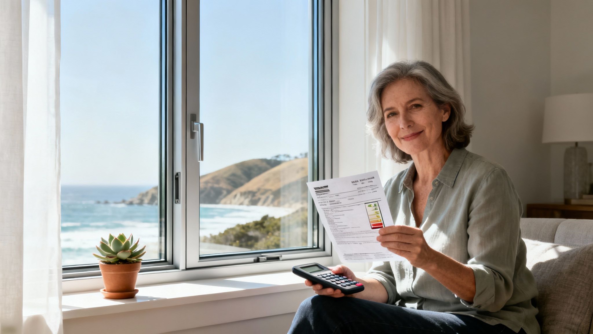 Happy woman reviewing energy bill and calculator by a bright window overlooking the sea.