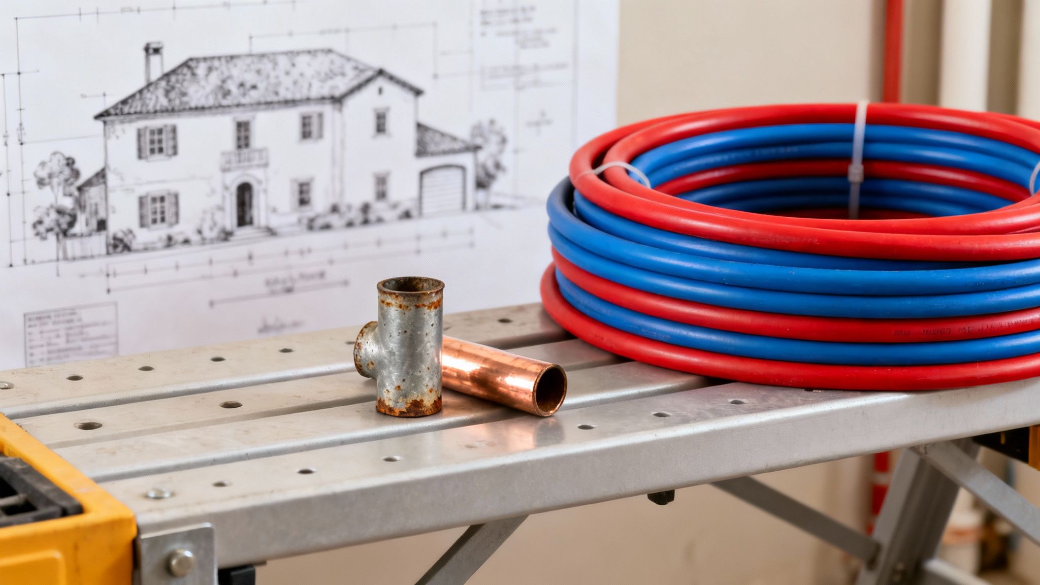 Is Your Old Plumbing Ready for 2025? A Salinas Homeowner's Guide 2 Red and blue PEX pipes, copper pipe, and a fitting on a workbench with house plans.