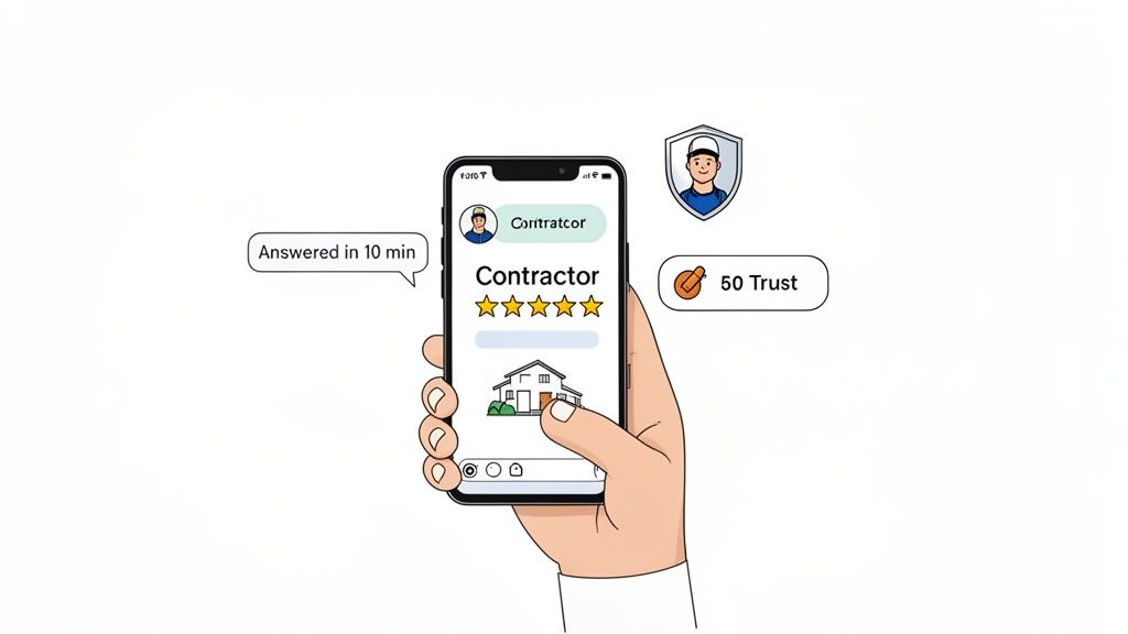 A hand holds a smartphone displaying a contractor's profile with a 5-star rating and quick response time.