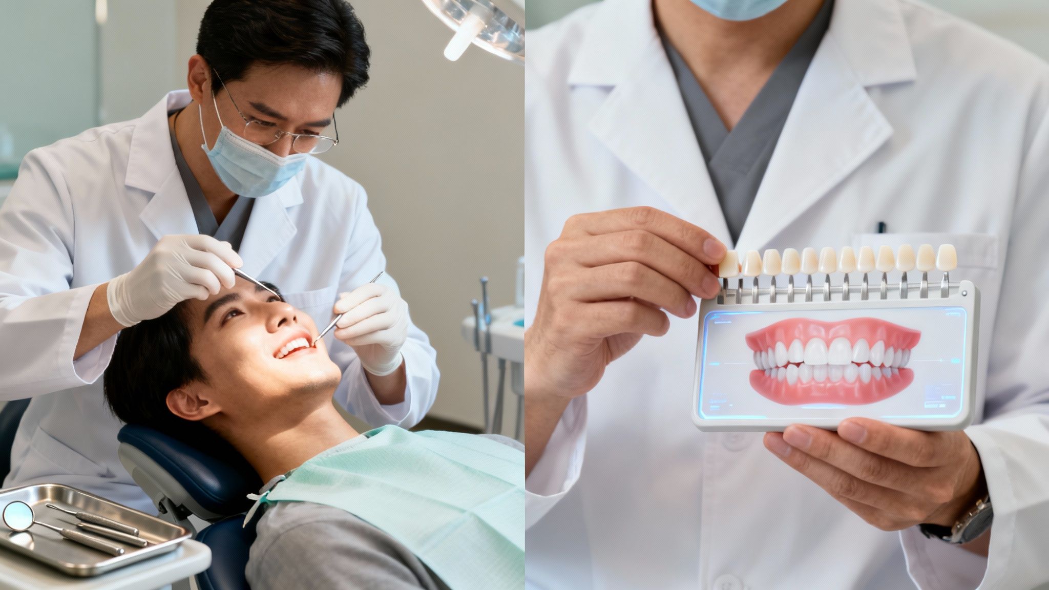 A dentist examines a patient's teeth during a check-up, alongside a professional holding a cosmetic dental shade guide.