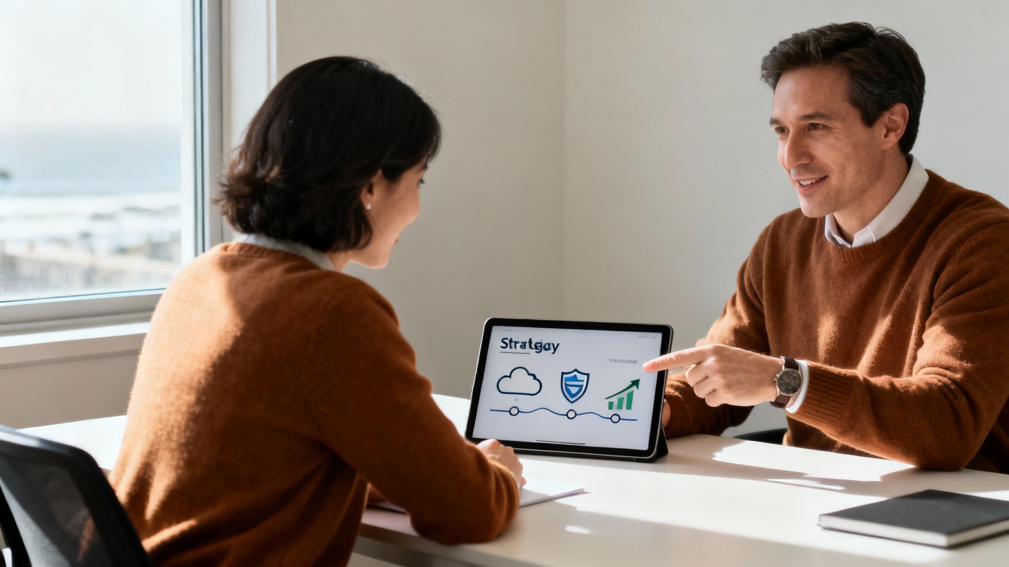 Two business professionals discussing strategy on a tablet with cloud, security, and growth icons.