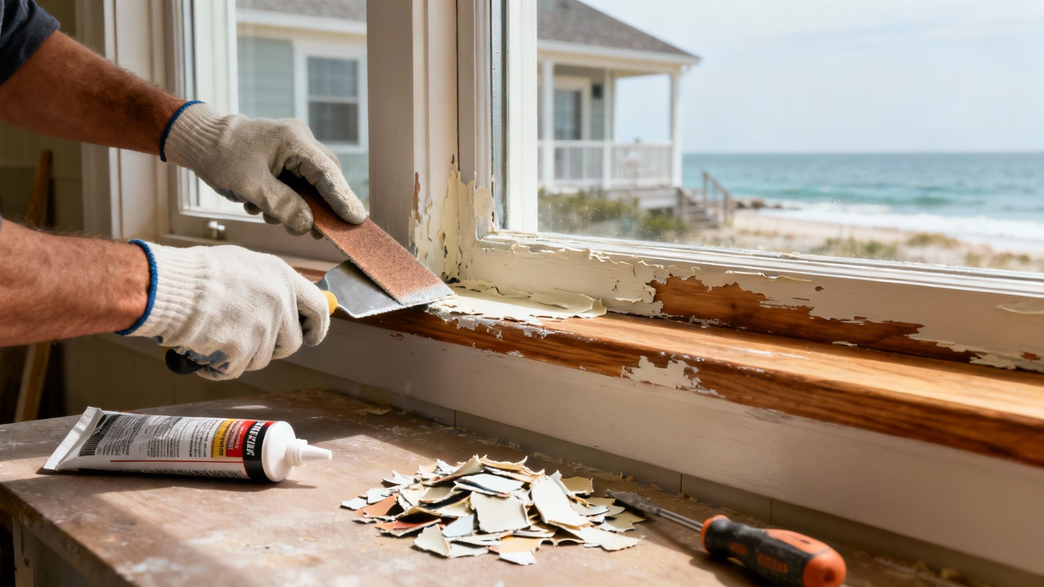 Person in gloves scraping old, peeling paint off a window frame with a spatula, by a beach house.