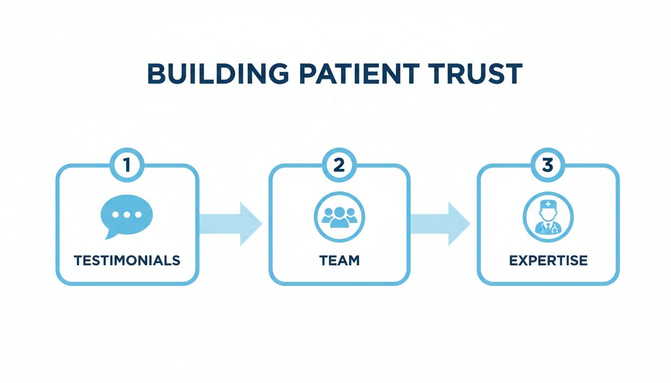 A diagram outlining three steps to build patient trust: Testimonials, Team, and Expertise.