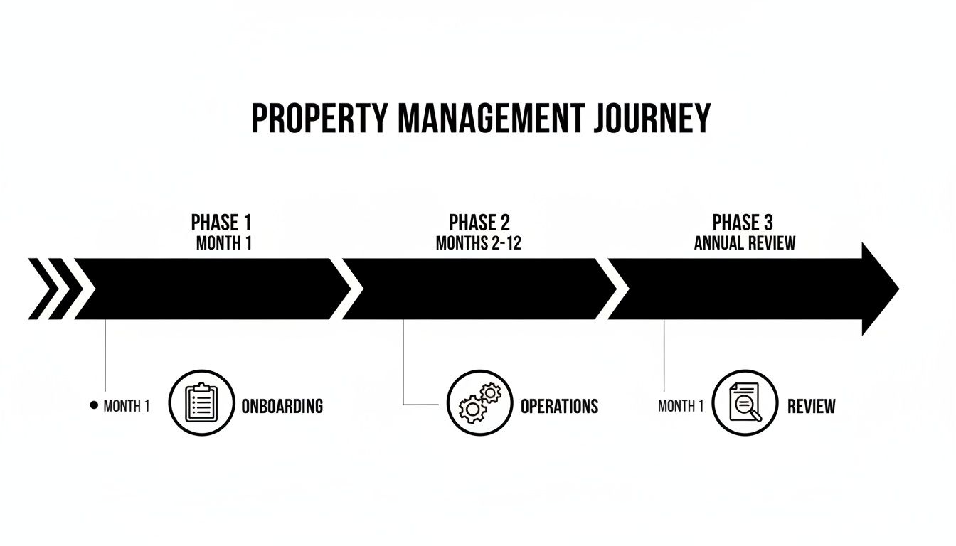 A property management journey timeline illustrating three phases: onboarding, operations, and annual review.
