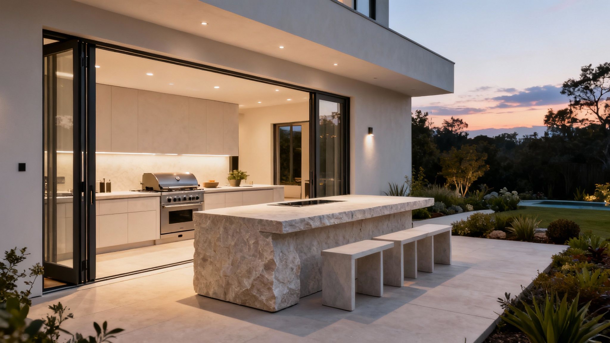 Modern outdoor kitchen with stone island and benches, opening to an indoor kitchen and lush garden at sunset.