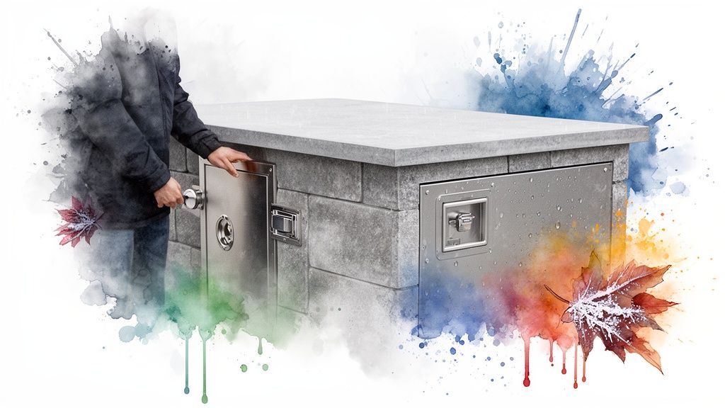 A person opens a stainless steel door on a stone outdoor kitchen unit with watercolor effects and autumn leaves.