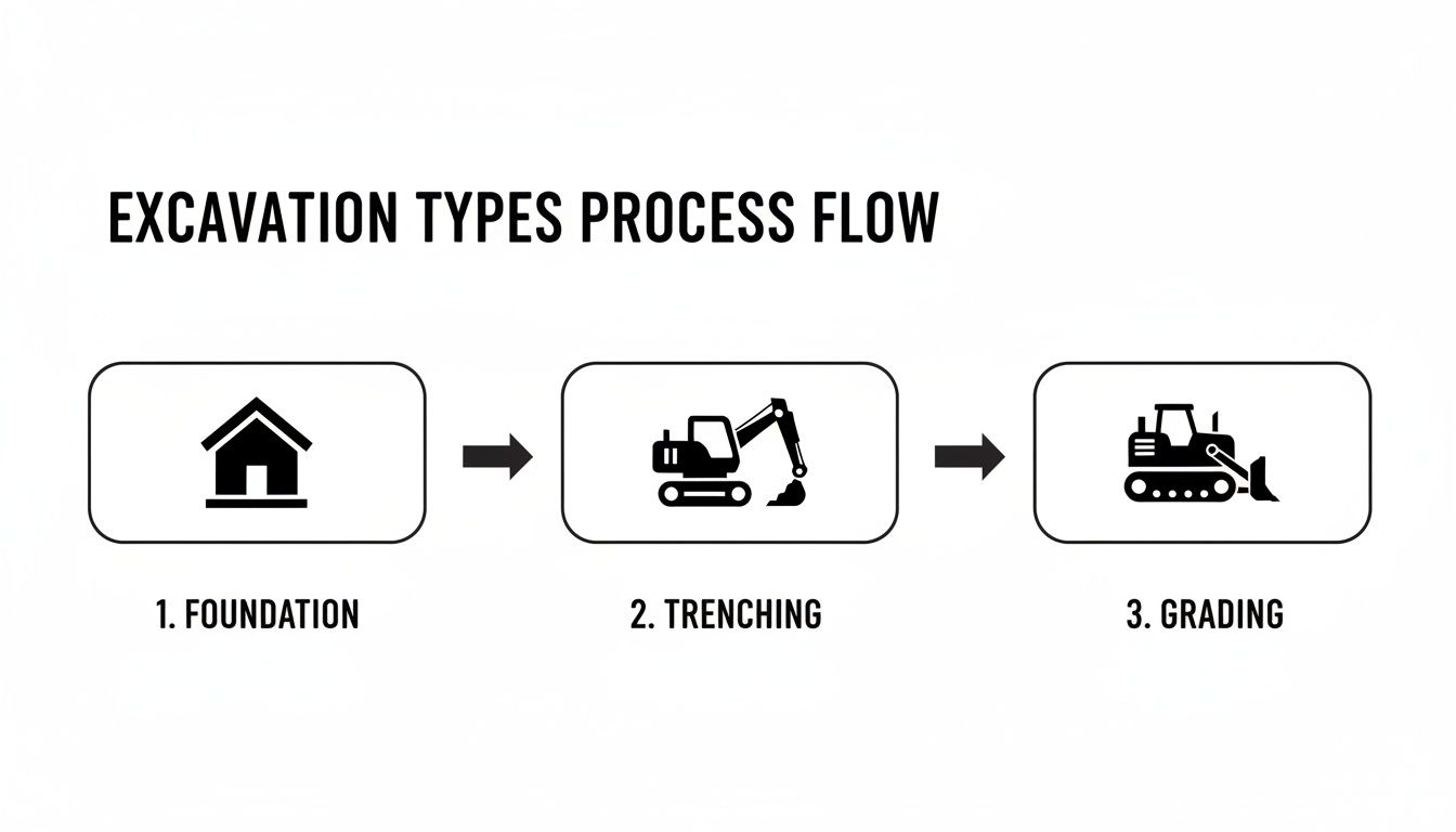 A process flow diagram illustrating three types of excavation: foundation, trenching, and grading.