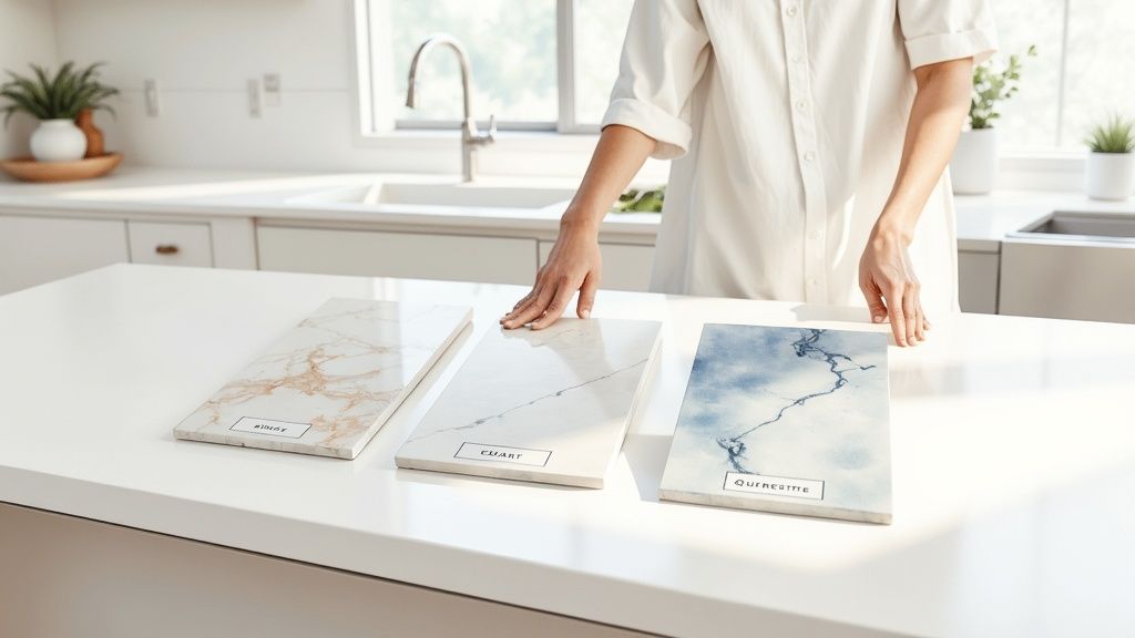 Person comparing three countertop samples of quartz, marble, and quartzite on white kitchen island