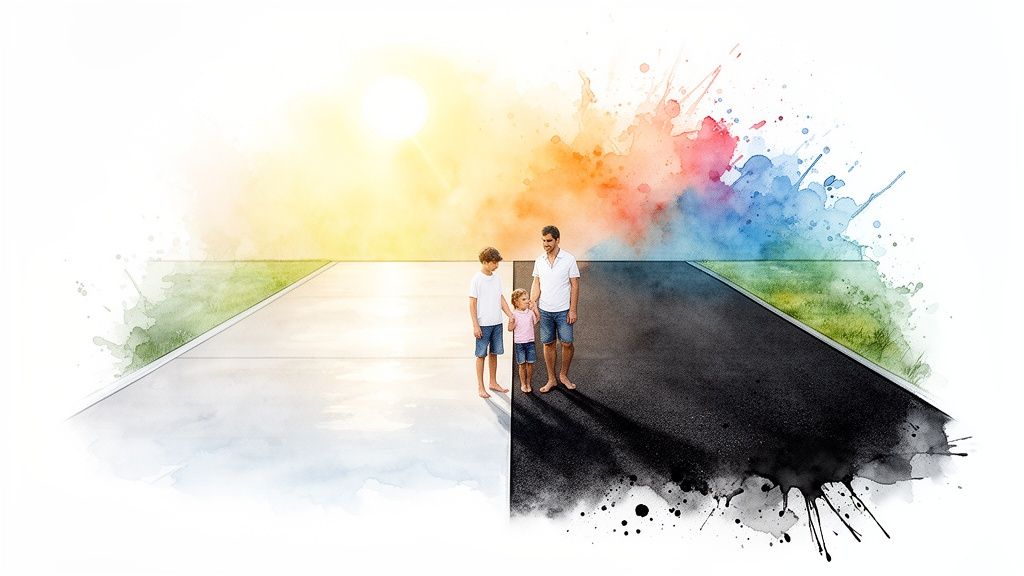 A family stands on a path split between a vibrant, sunlit side and a dark, shadowy side.