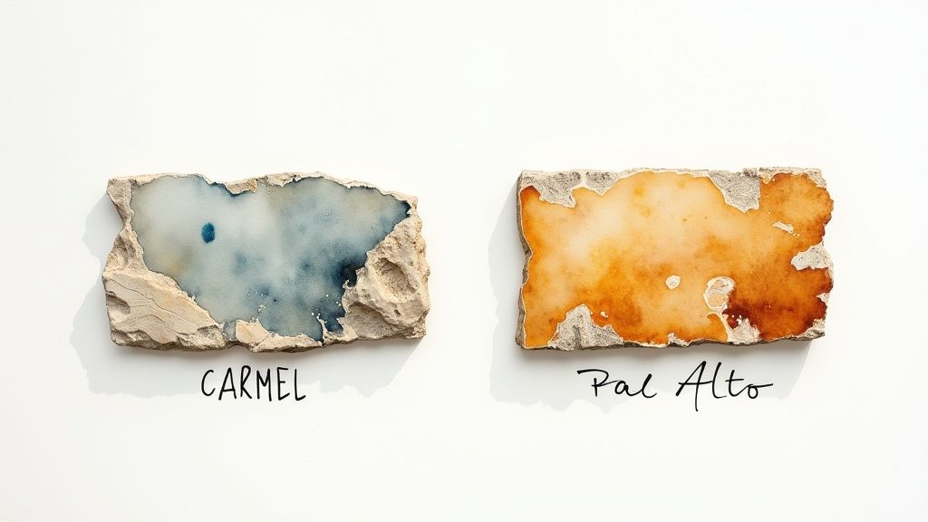 A beautifully designed coastal home patio featuring durable, light-colored natural stone flooring that complements the ocean view.